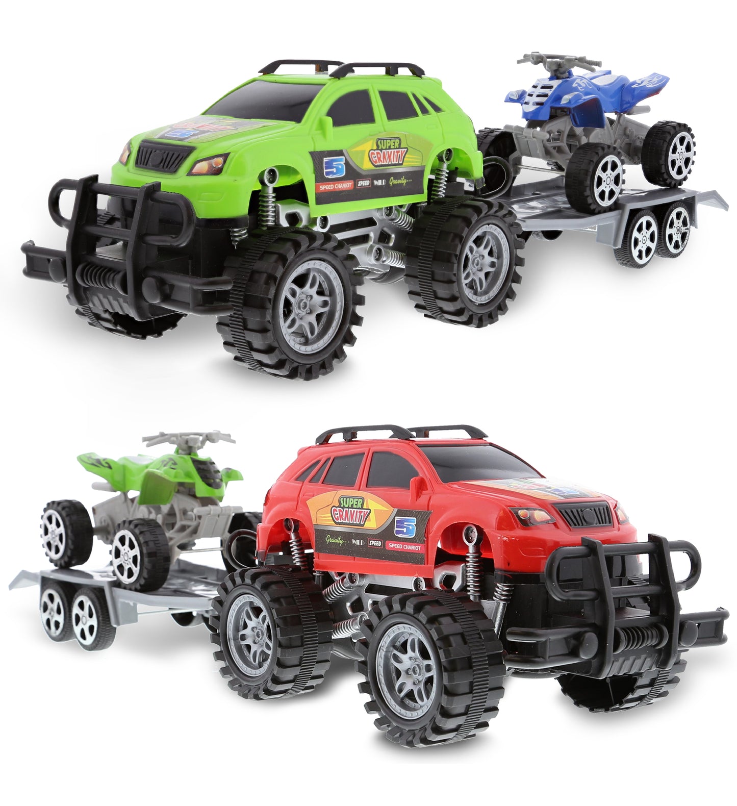 Toys - Friction Powered Monster Trucks with SUV Towing ATV Trailers