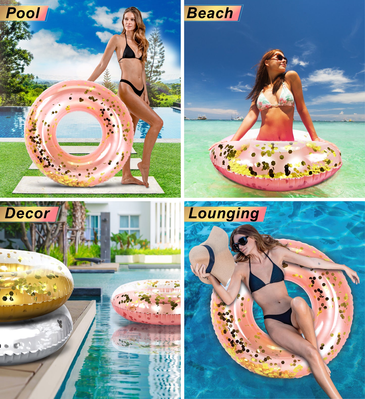 Pool Float - ROSE GOLD TUBE - GOLD HEXAGON GLITTER