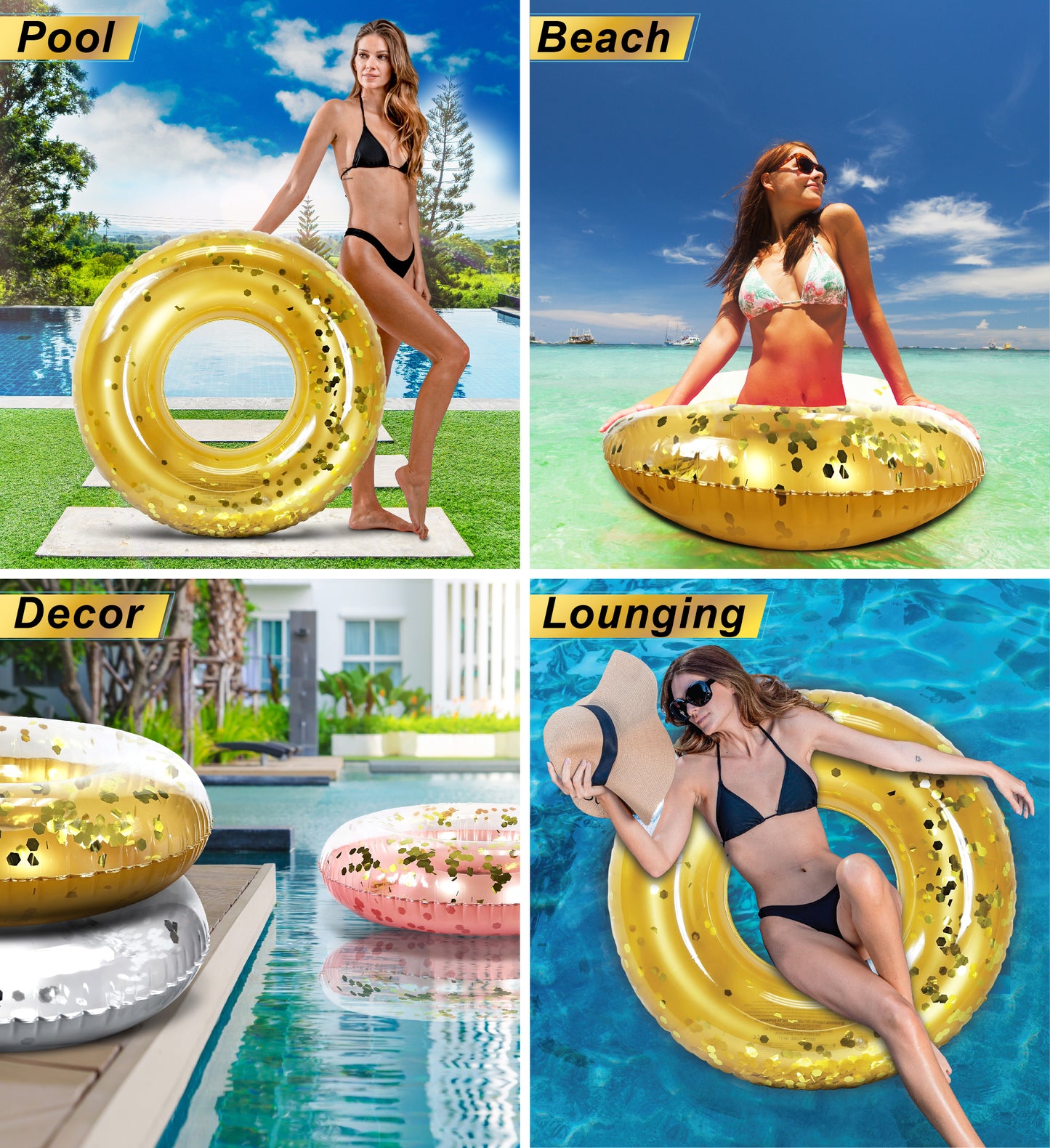 Pool Float - GOLD JUMBO TUBE - GOLD HEXAGON GLITTER