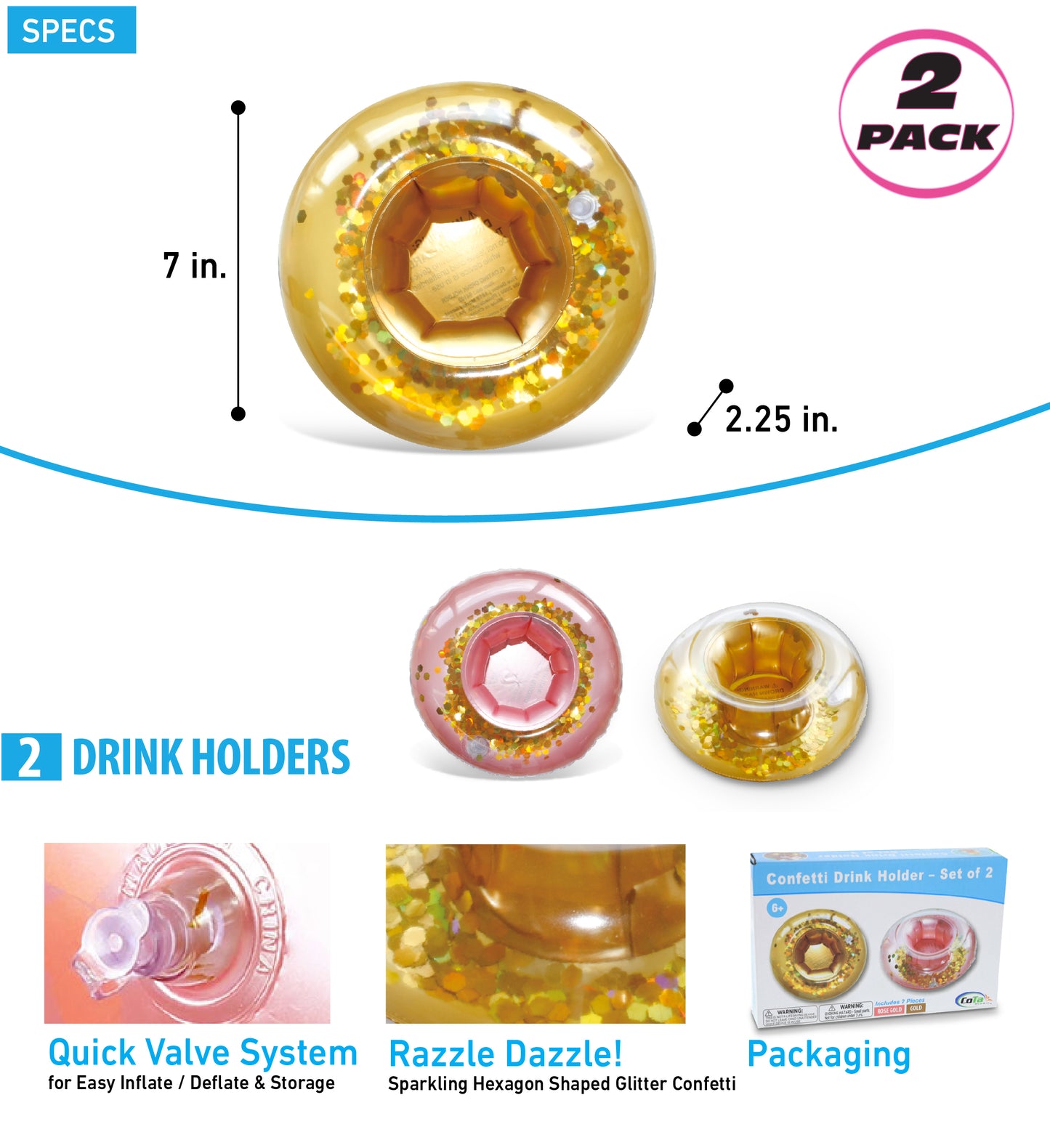 Pool Float - CONFETTI DRINK HOLDERS - ROSE GOLD/GOLD - SET OF 2