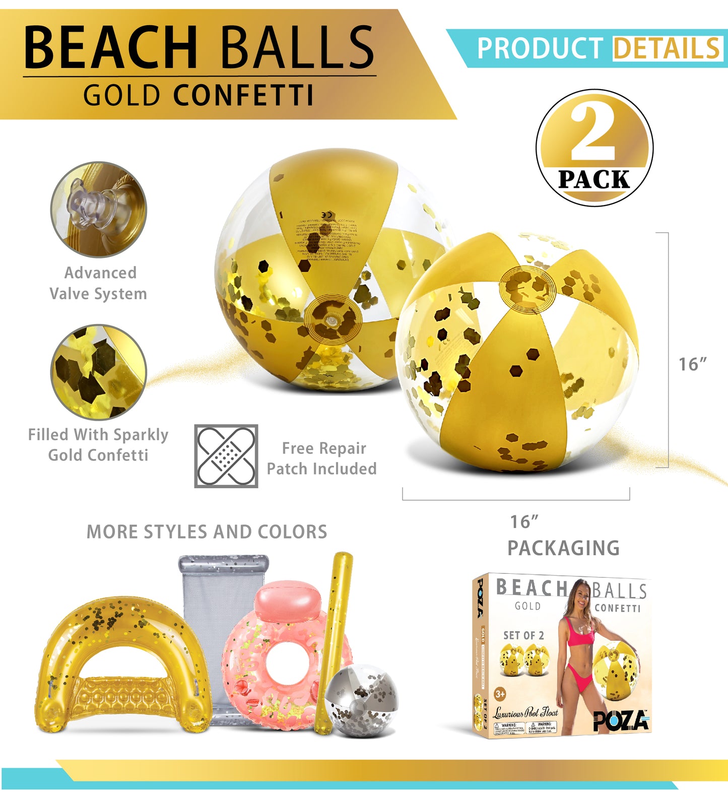 Pool Float - 16" GOLD BALL - HEXAGON GLITTER - SET OF 2