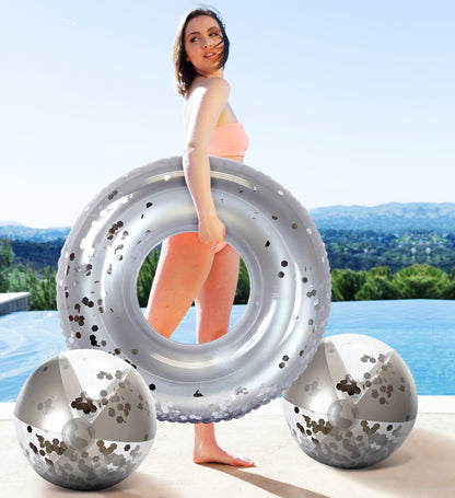 Pool Float - 16" SILVER BALL - HEXAGON GLITTER - SET OF 2