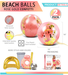 Pool Float - 16" ROSE GOLD BALL - GOLD HEXAGON GLITTER - SET OF 2