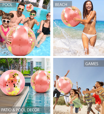 Pool Float - 16" ROSE GOLD BALL - GOLD HEXAGON GLITTER - SET OF 2