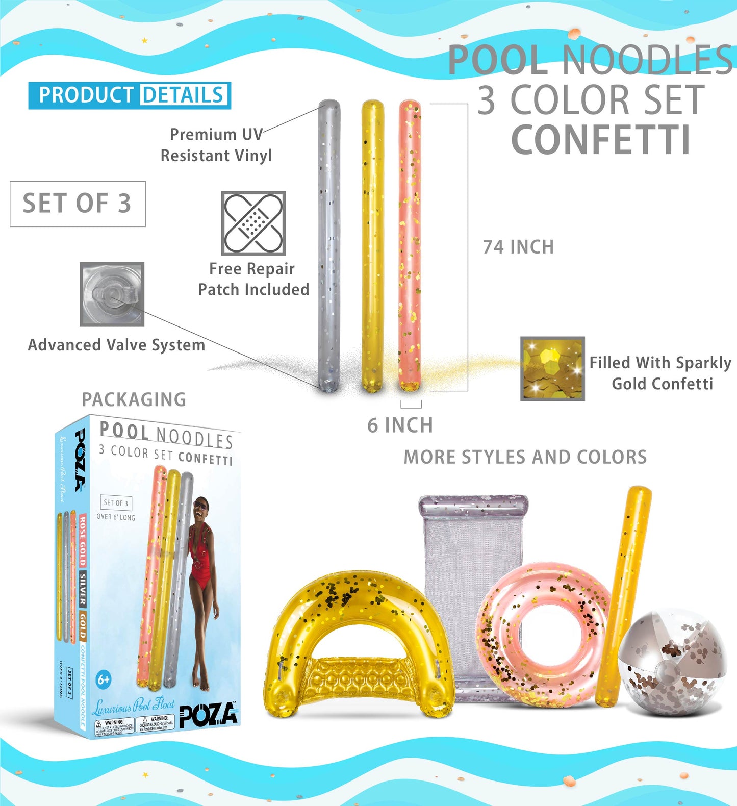 Pool Float - 74" ASSORTED COLOR NOODLE - SET OF 3