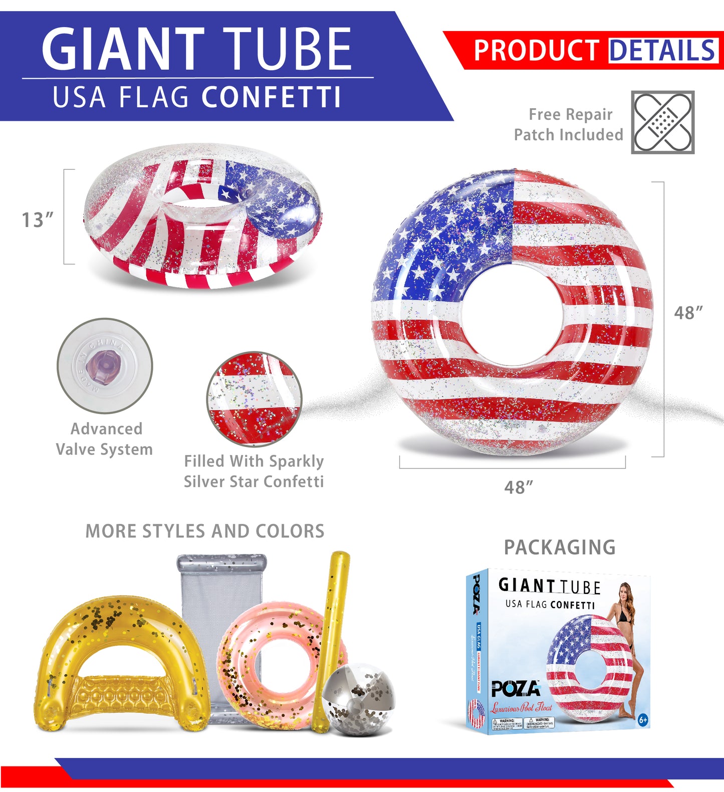 Pool Float - GIANT 48 INCH TUBE - USA FLAG