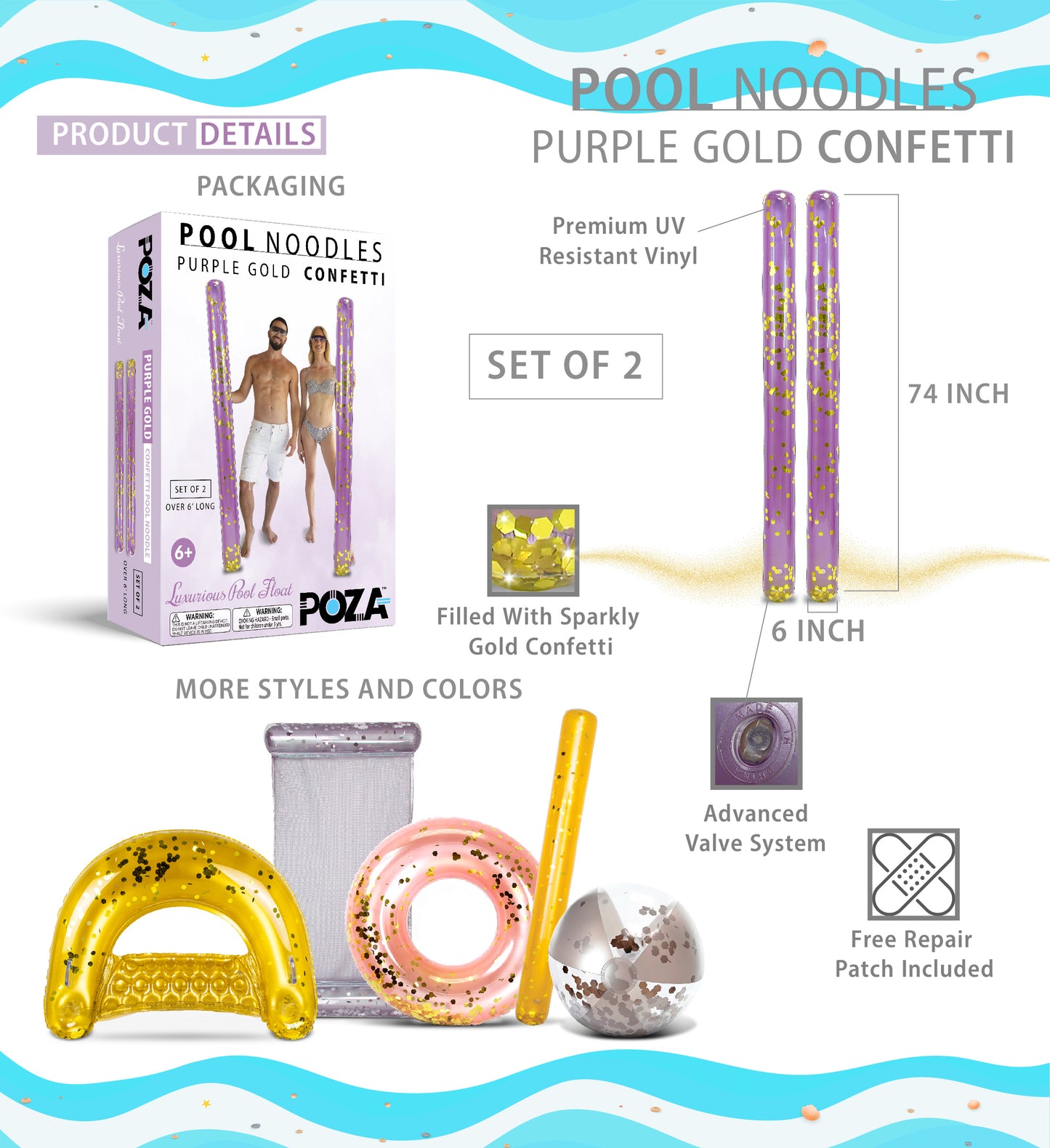 Pool Float - 74" PURPLE GOLD NOODLE - SET OF 2