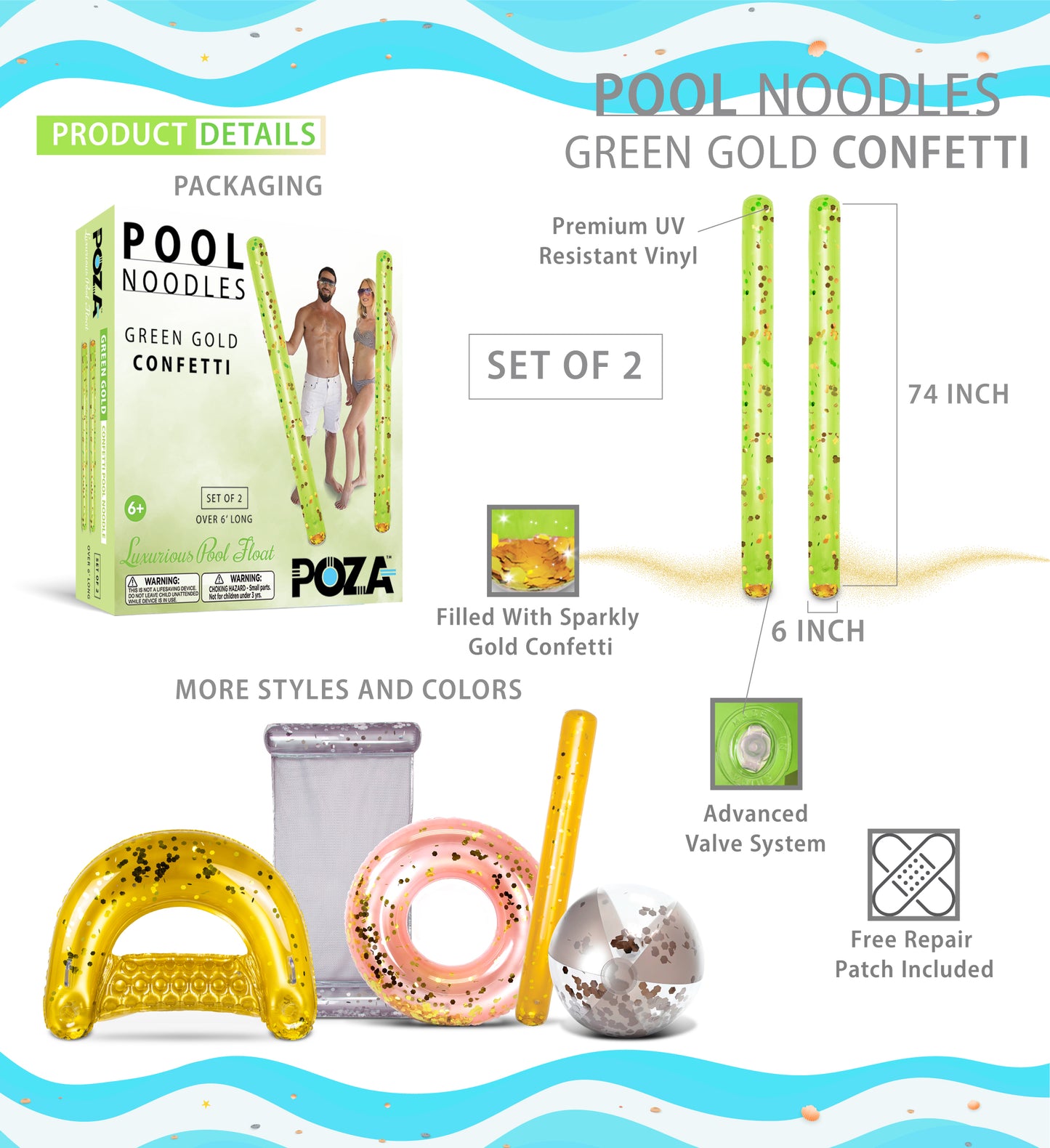 POZA - 74" GREEN GOLD NOODLE - SET OF 2