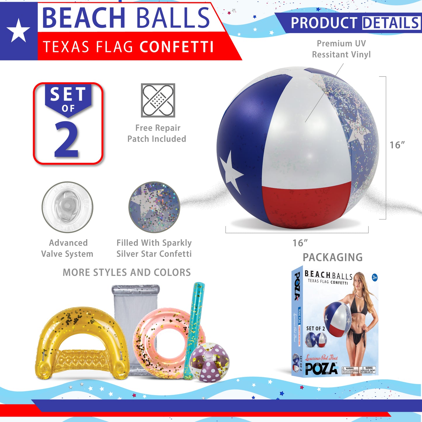 POZA - 16 INCH BEACH BALL - TEXAS FLAG - SET OF 2