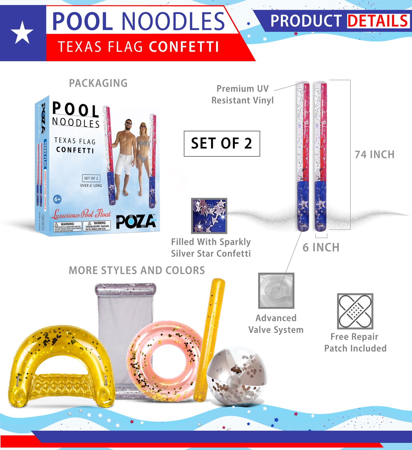 POZA - 74" NOODLE - SET OF 2 - TEXAS FLAG