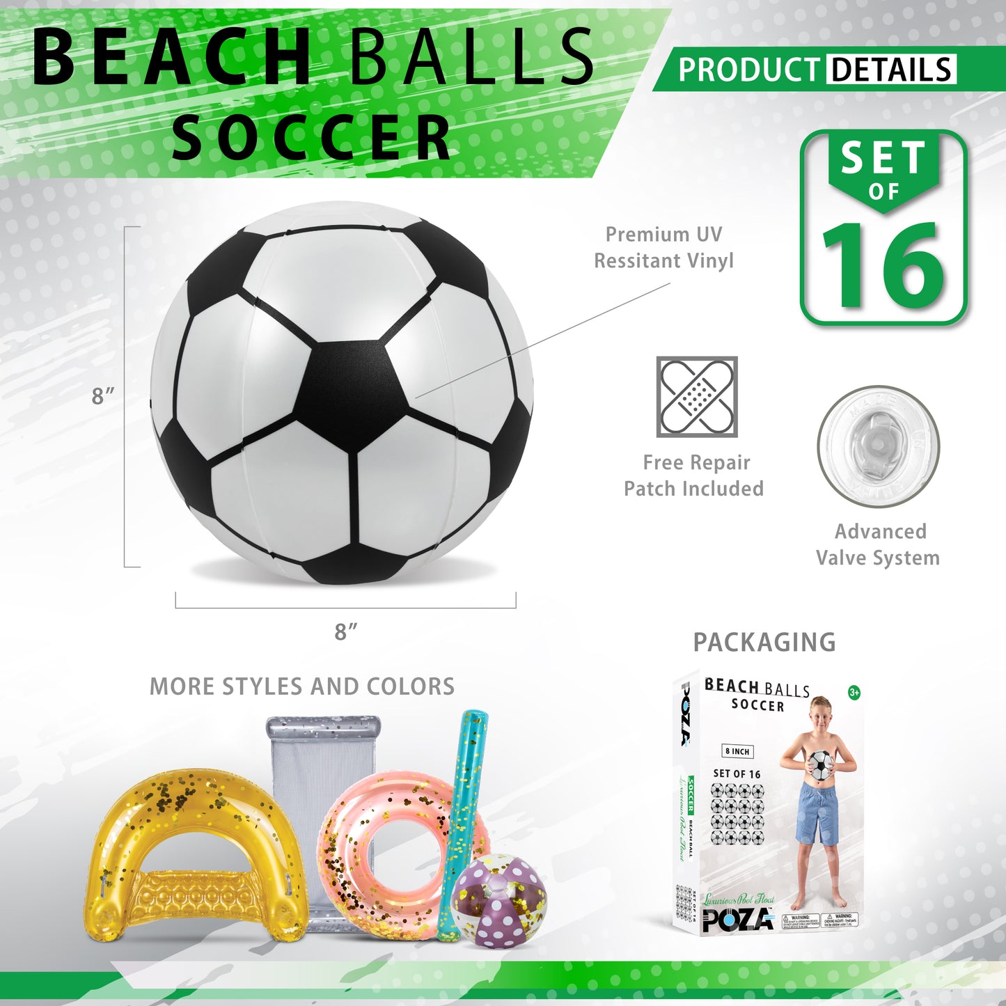 POZA - 8 INCH BEACH BALL - SOCCER - SET OF 16