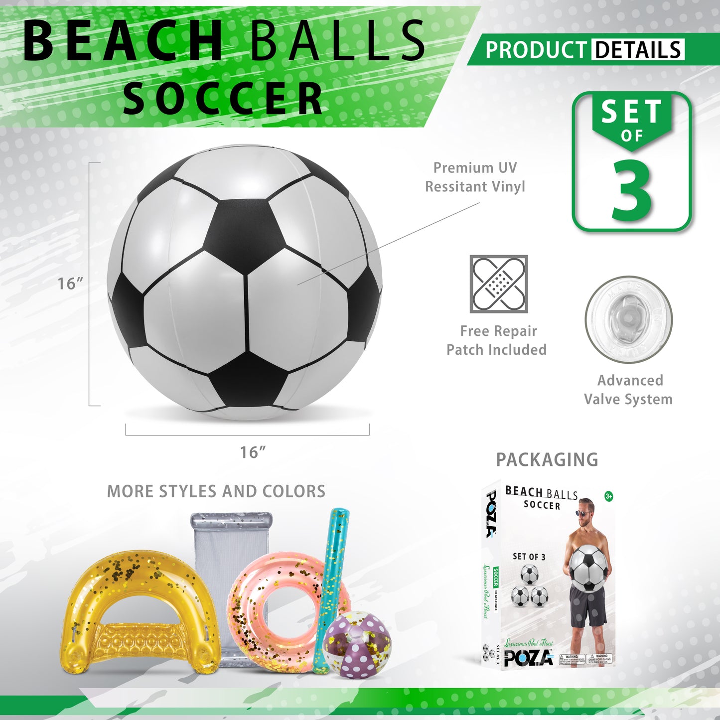 POZA - 16 INCH BEACH BALL - SOCCER - SET OF 3