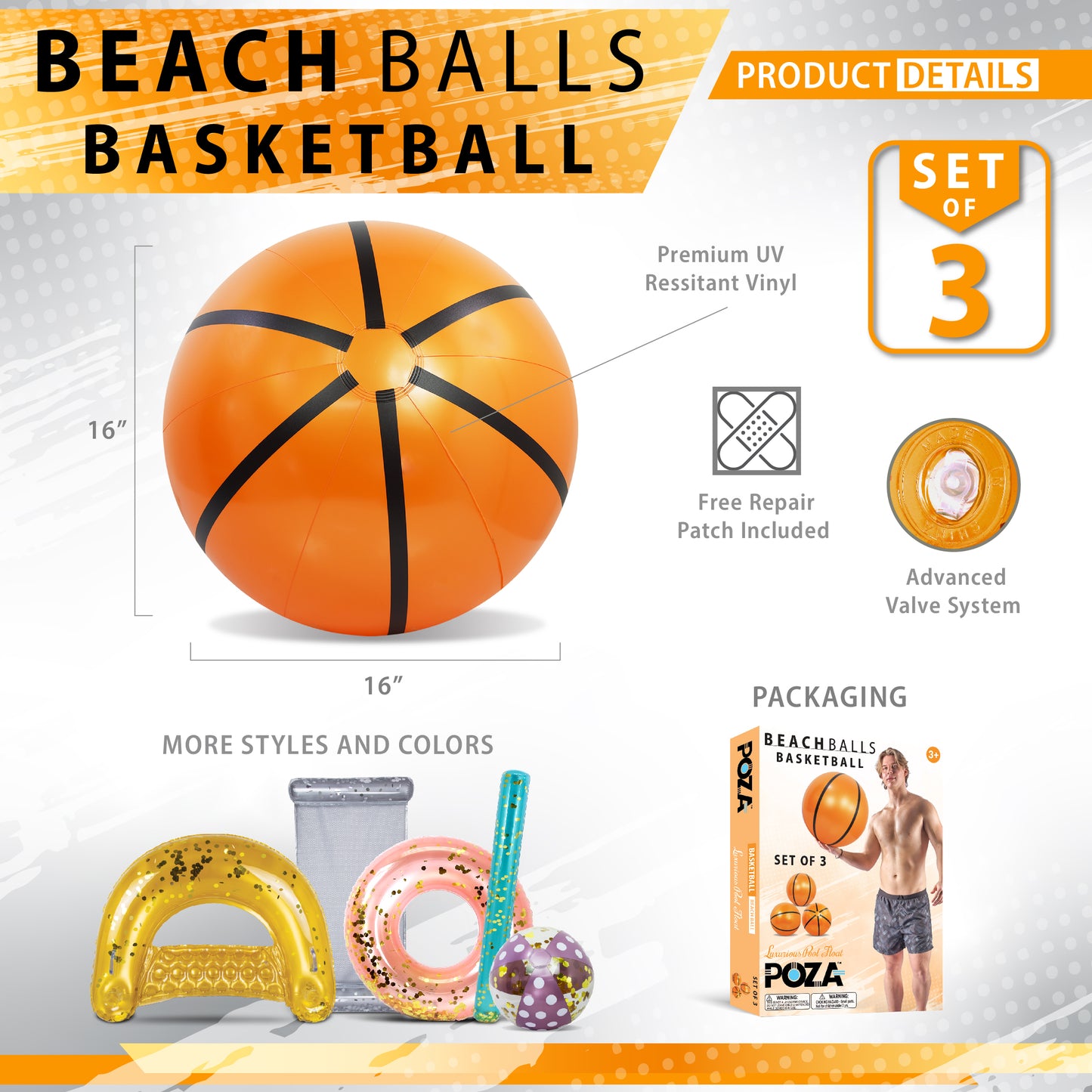 POZA - 16 INCH BEACH BALL - BASKETBALL - SET OF 3