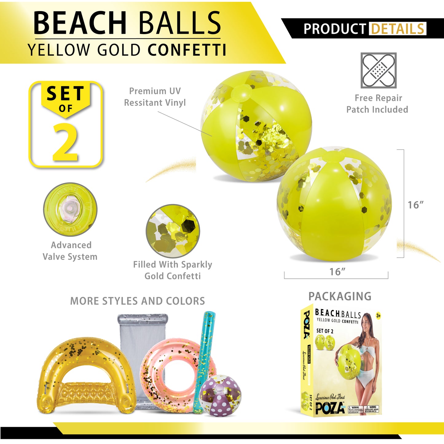 POZA - 16 INCH BEACH BALL - YELLOW GOLD - SET OF 2