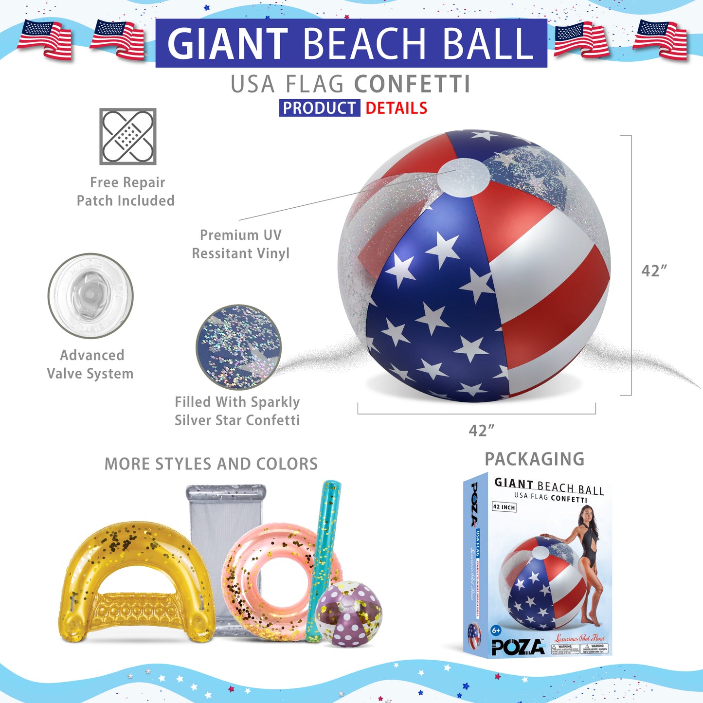 POZA - 42 INCH BEACH BALL - USA FLAG