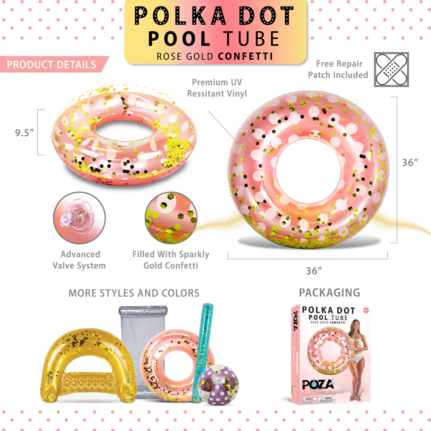 POZA - 36 INCH POLKA DOT TUBE - ROSE GOLD