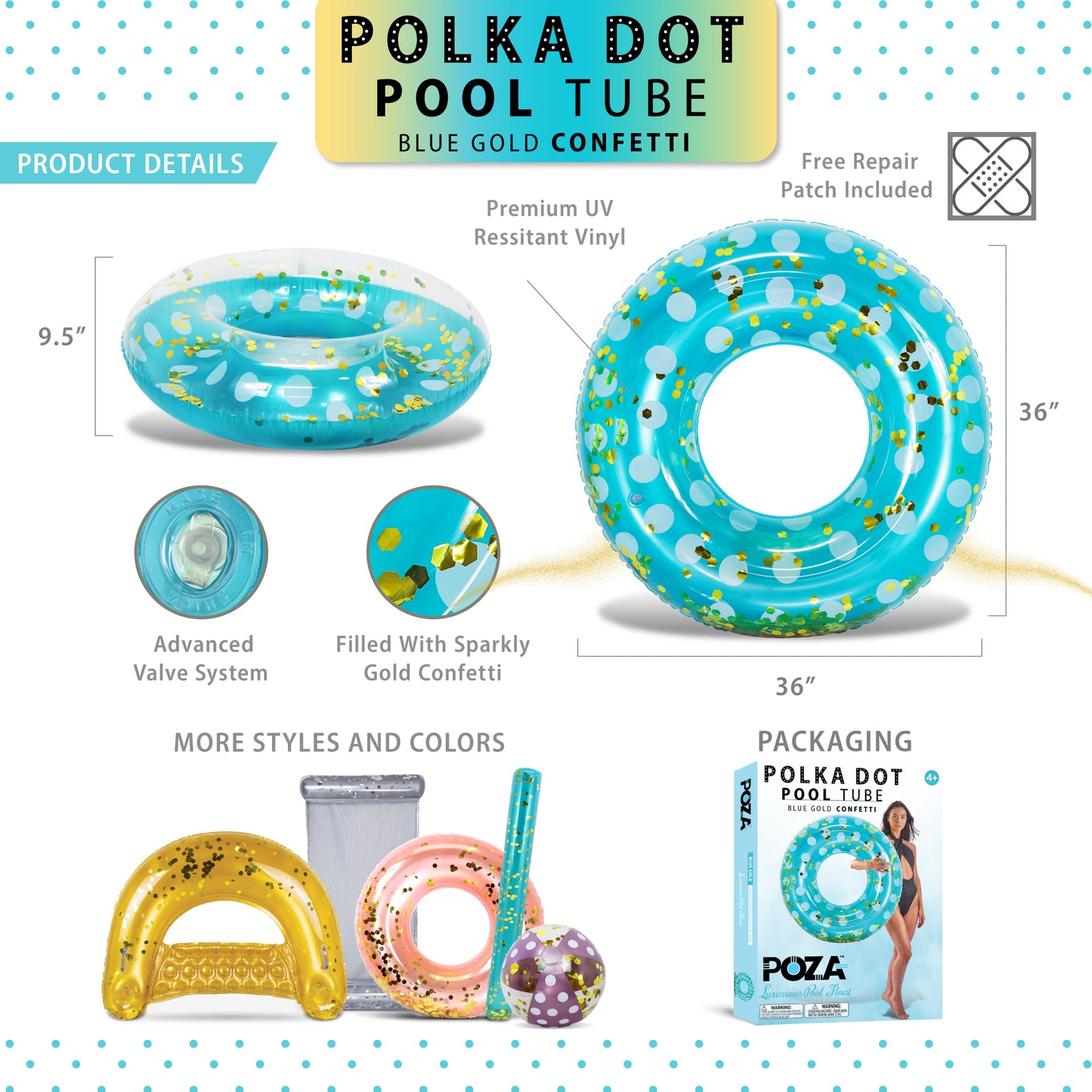 POZA - 36 INCH POLKA DOT TUBE - BLUE GOLD