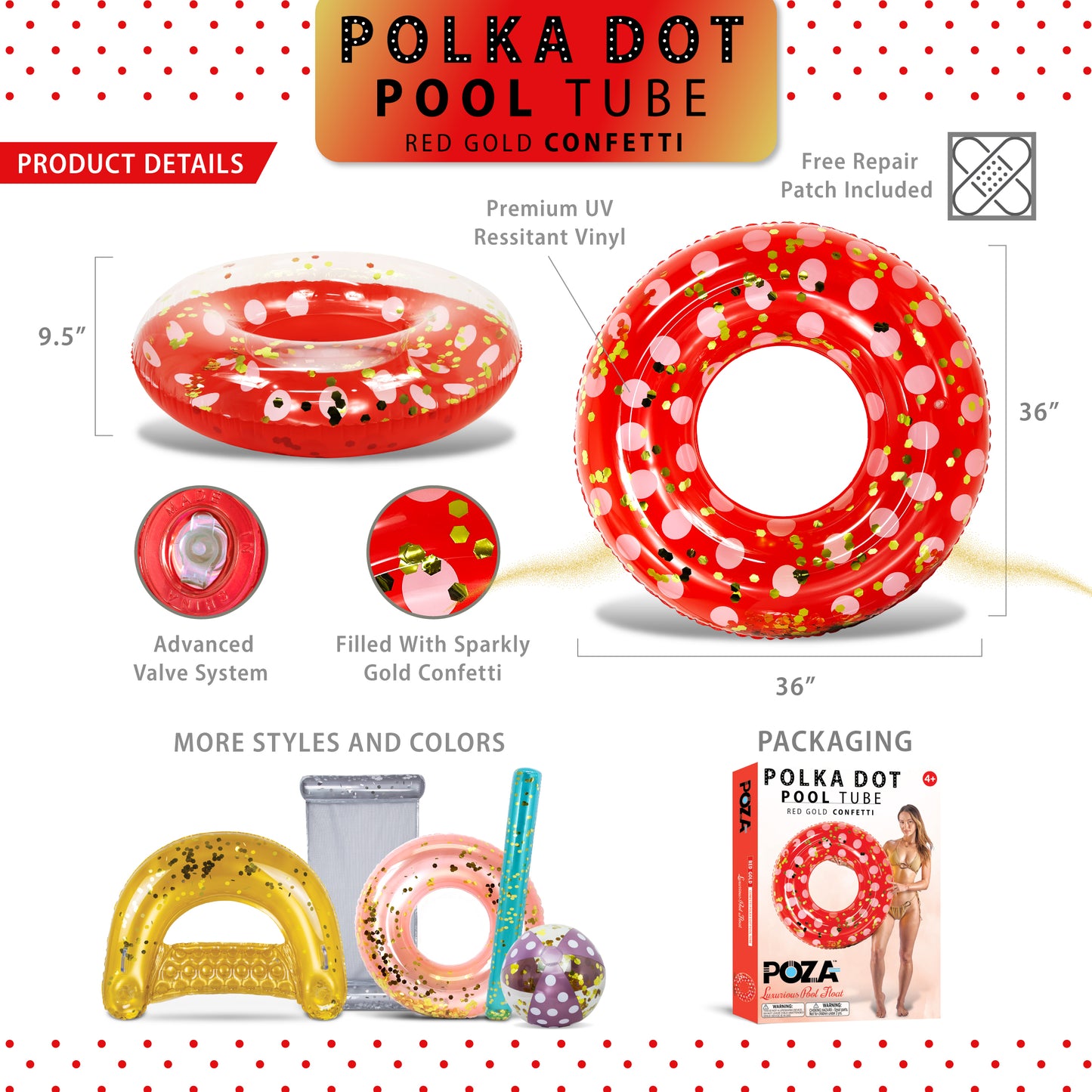 POZA - 36 INCH POLKA DOT TUBE - RED GOLD