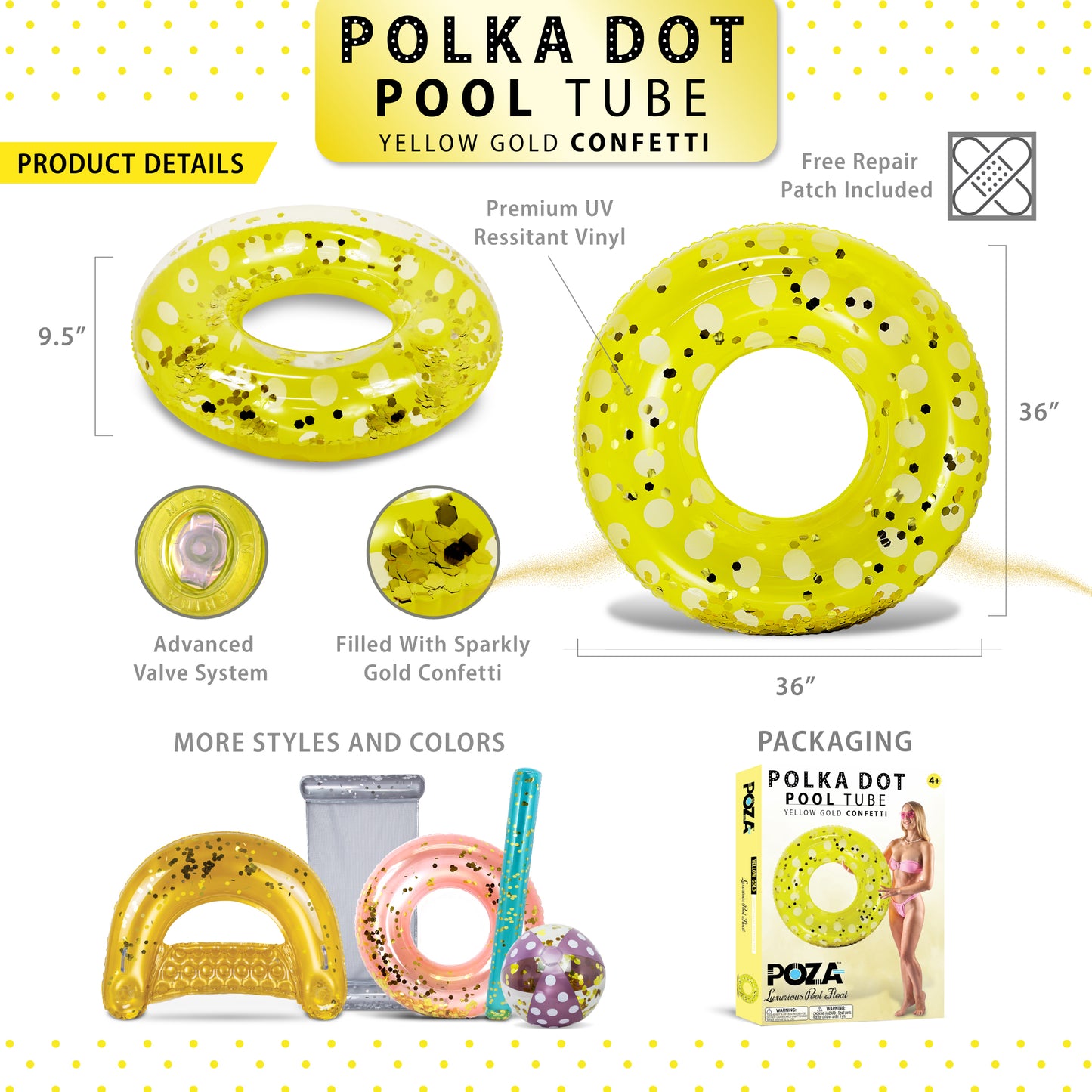 POZA - 36 INCH POLKA DOT TUBE - YELLOW GOLD