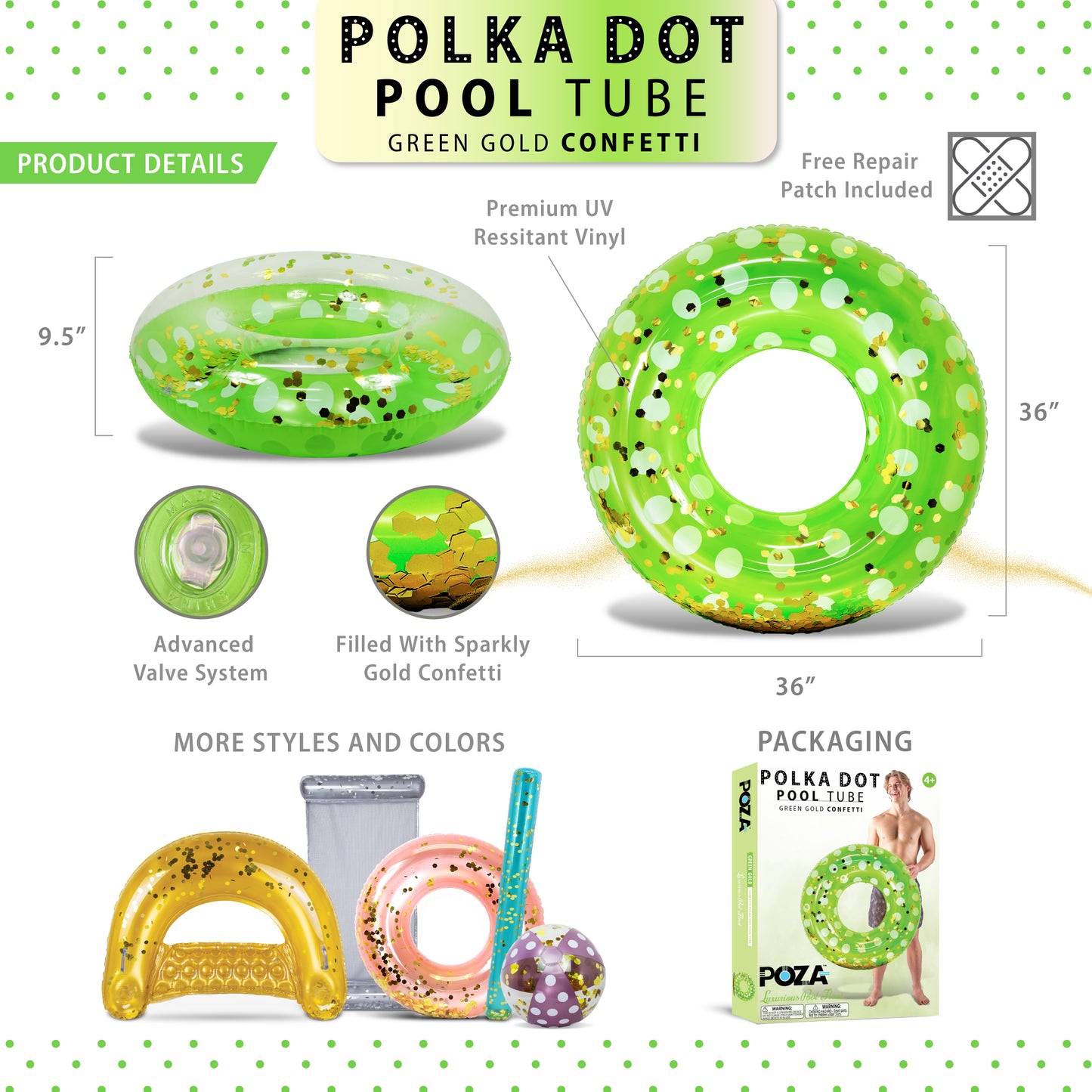 POZA - 36 INCH POLKA DOT TUBE - GREEN GOLD