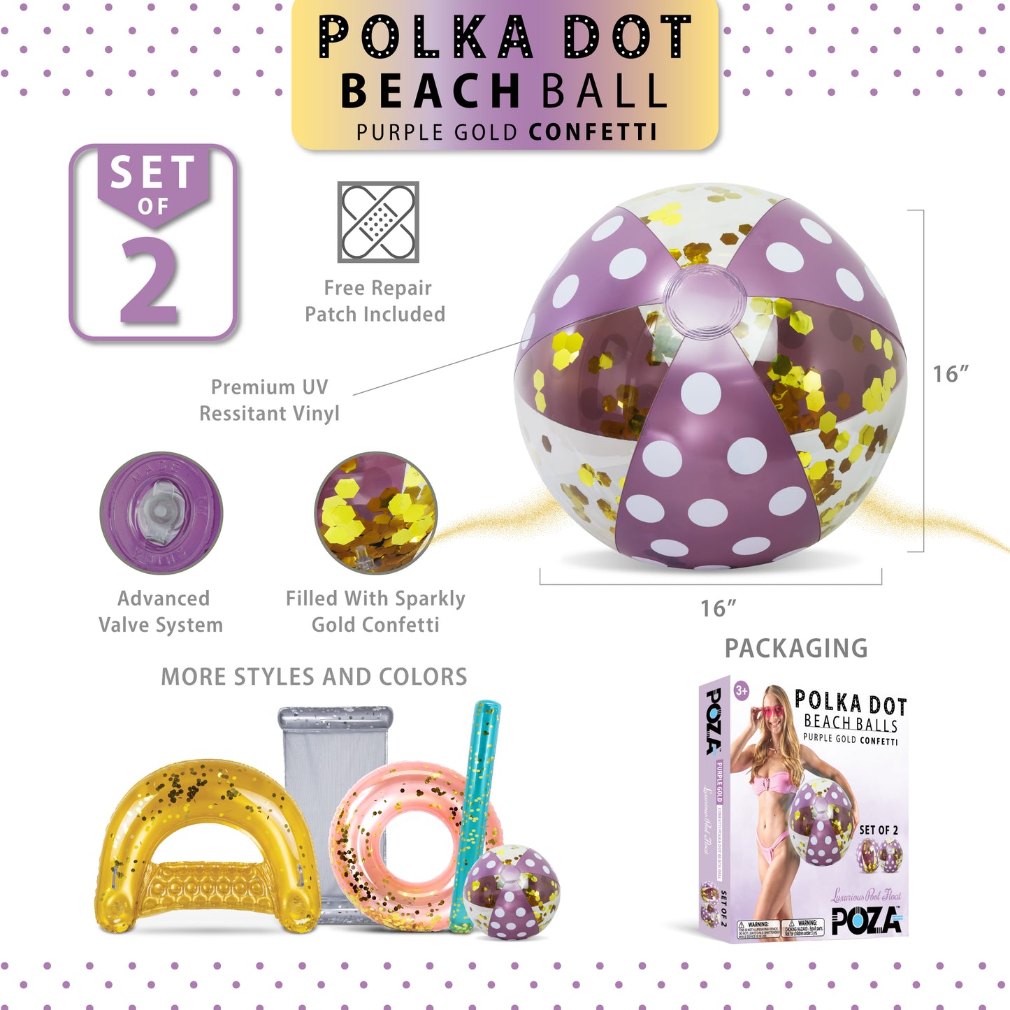 POZA - 16 INCH POLKA BEACH BALL - PURPLE GOLD - SET OF 2