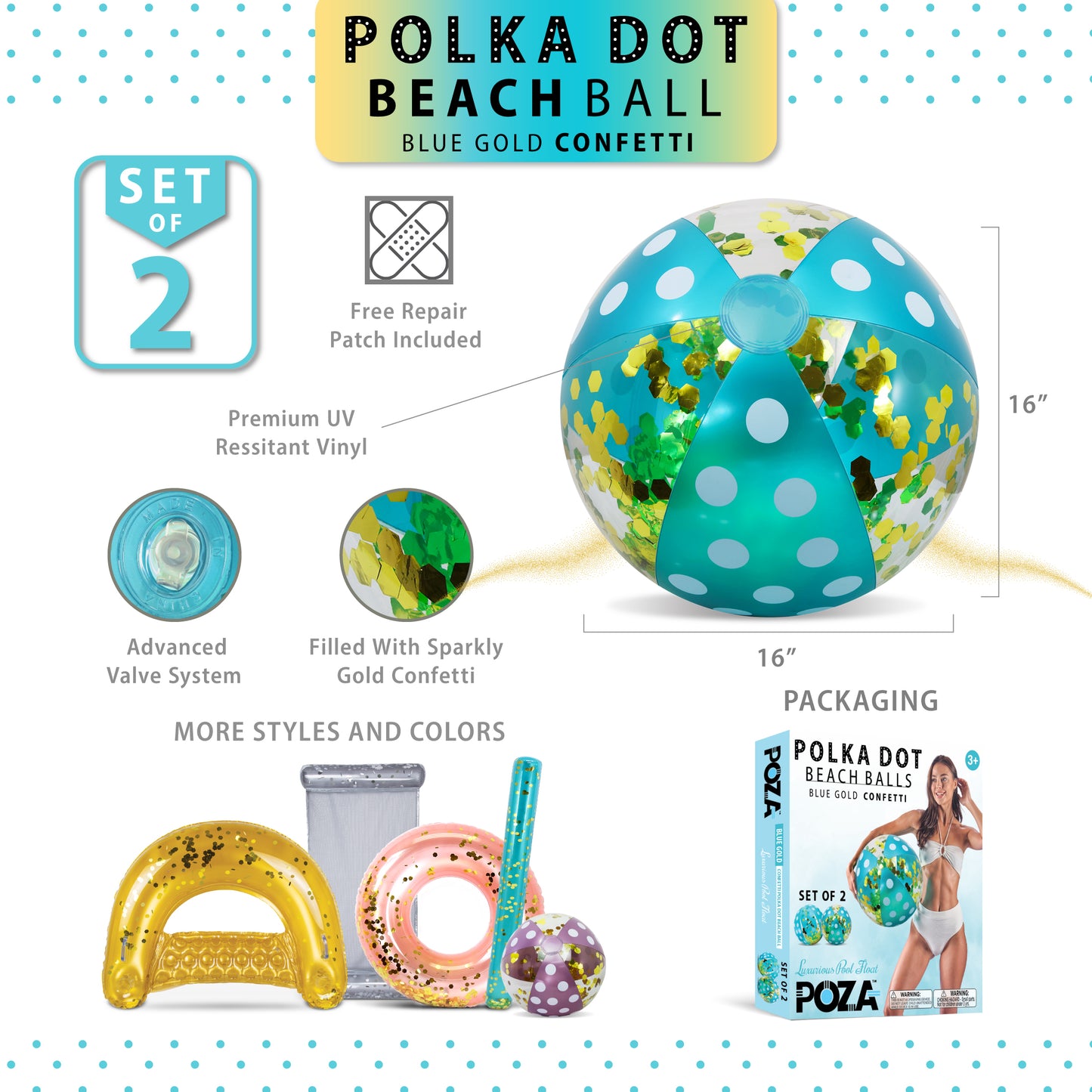 POZA - 16 INCH POLKA BEACH BALL - BLUE GOLD - SET OF 2
