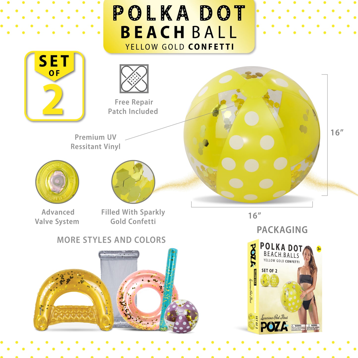 POZA - 16 INCH POLKA BEACH BALL - YELLOW GOLD - SET OF 2