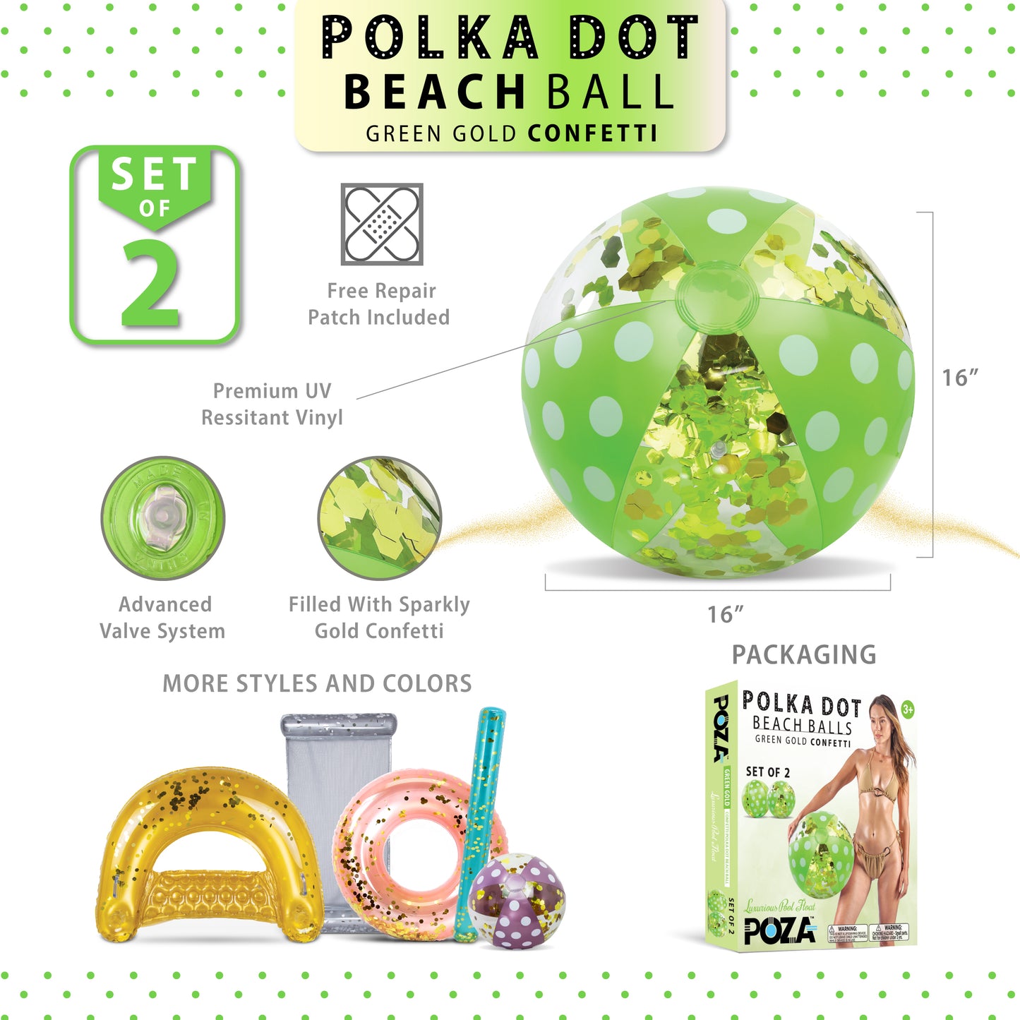 POZA - 16 INCH POLKA BEACH BALL - GREEN GOLD - SET OF 2