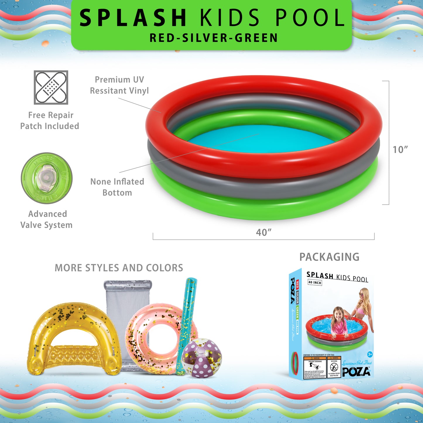 40 INCH KIDS POOL ROUND NON-INFLATED BOTTOM - RED GOLD, SILVER, GREEN GOLD