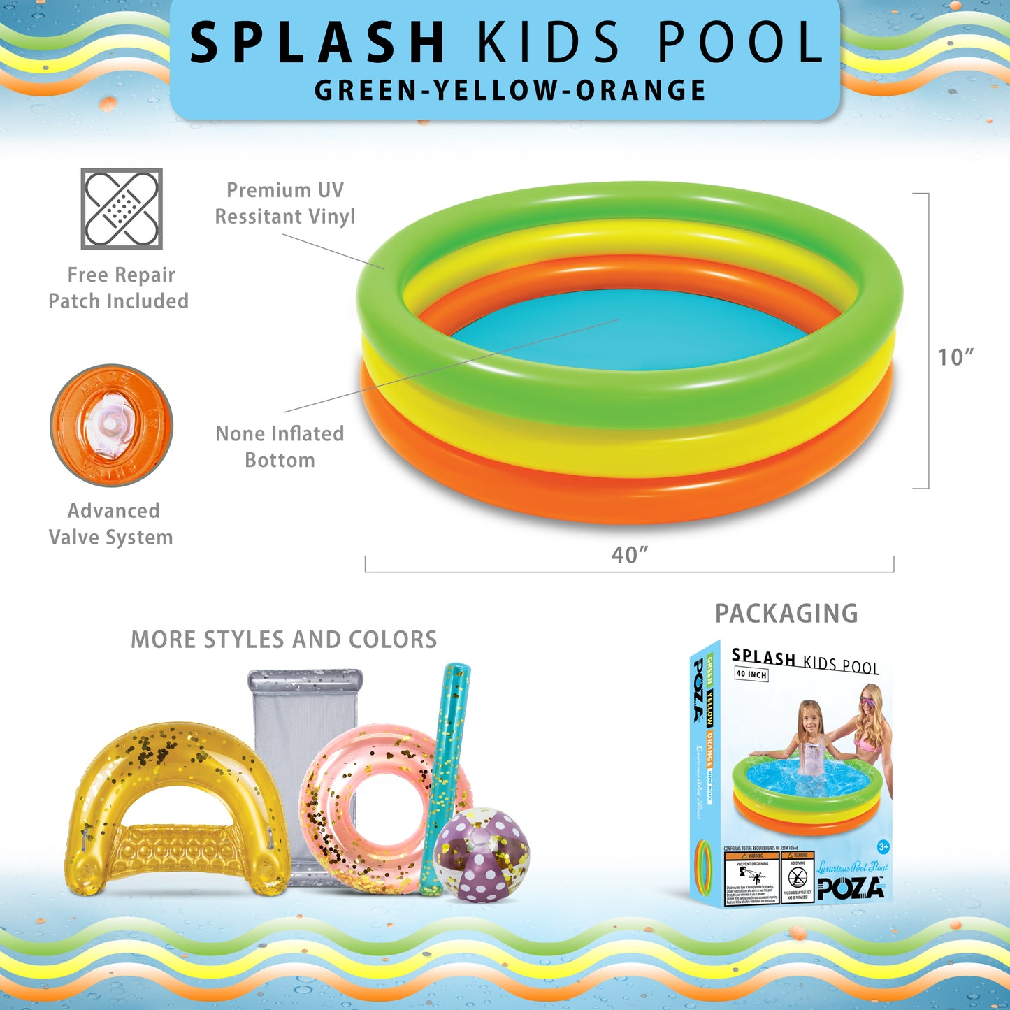 40 INCH KIDS POOL ROUND NON-INFLATED BOTTOM - GREEN, YELLOW, ORANGE GOLD