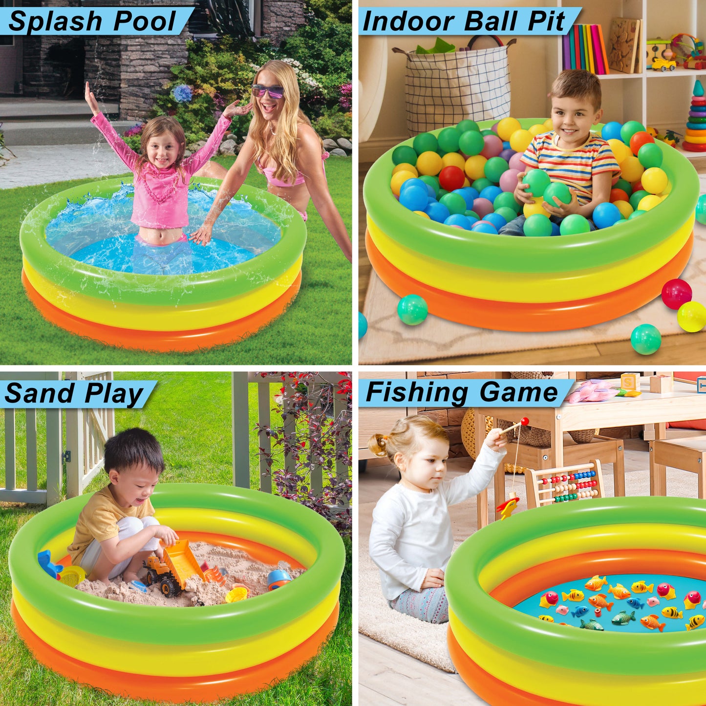 40 INCH KIDS POOL ROUND NON-INFLATED BOTTOM - GREEN, YELLOW, ORANGE GOLD