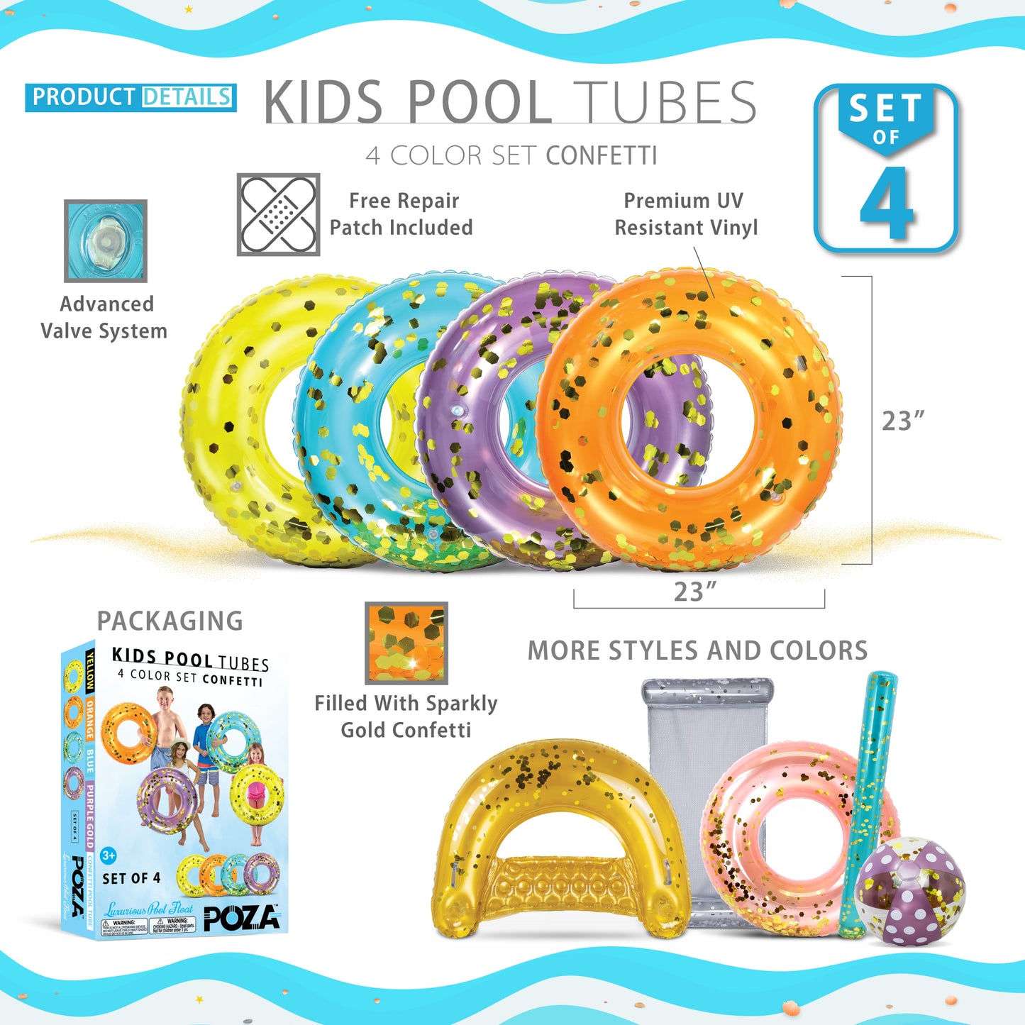 POZA - 23 INCH KIDS TUBE - PURPLE,..BLUE, ORANGE, YELLOW - SET OF 4