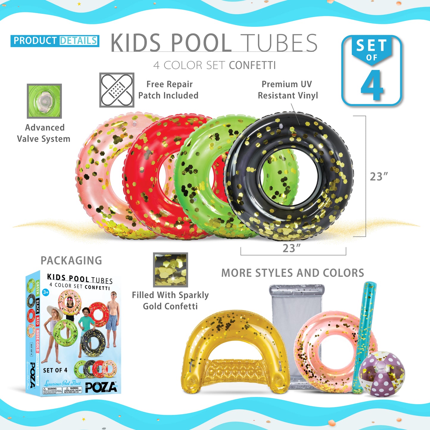 POZA - 23 INCH KIDS TUBE - RED, BLACK, GREEN, ROSE GOLD - SET OF 4