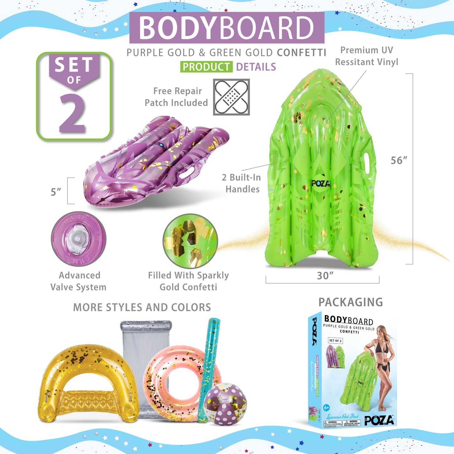 POZA - 43 INCH BODYBOARD WITH HANDLES - PURPLE GOLD & GREEN GOLD - SET OF 2