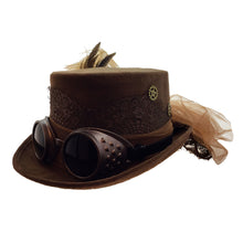 Steampunk - Costume Fedora Hat with Goggles Feather Gears - Brown