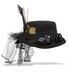 Steampunk - Fedora Hat With Goggles, Feathers, And Gears - Black