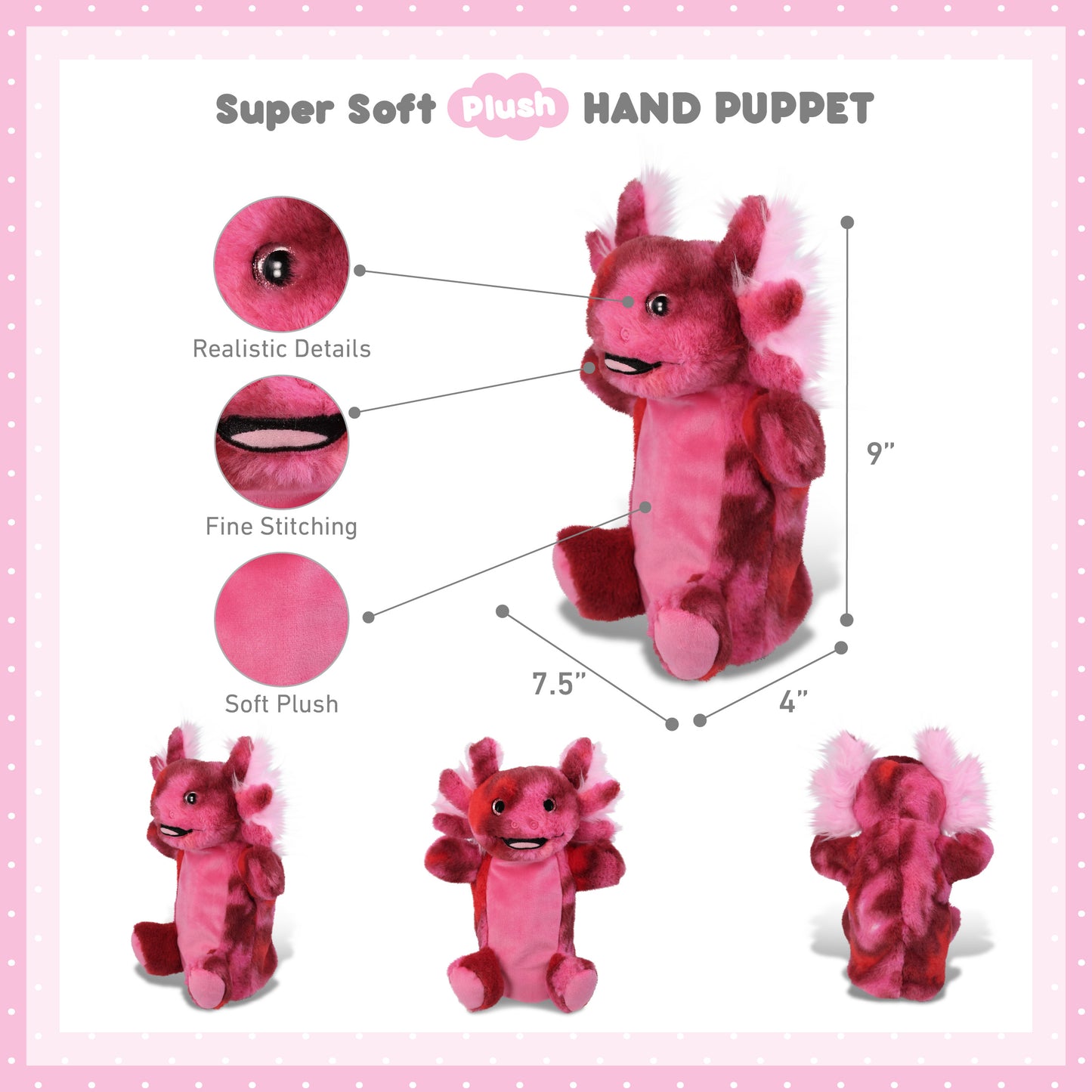 SUPER SOFT PLUSH HAND PUPPET - PINK TIE-DYE AXOLOTL
