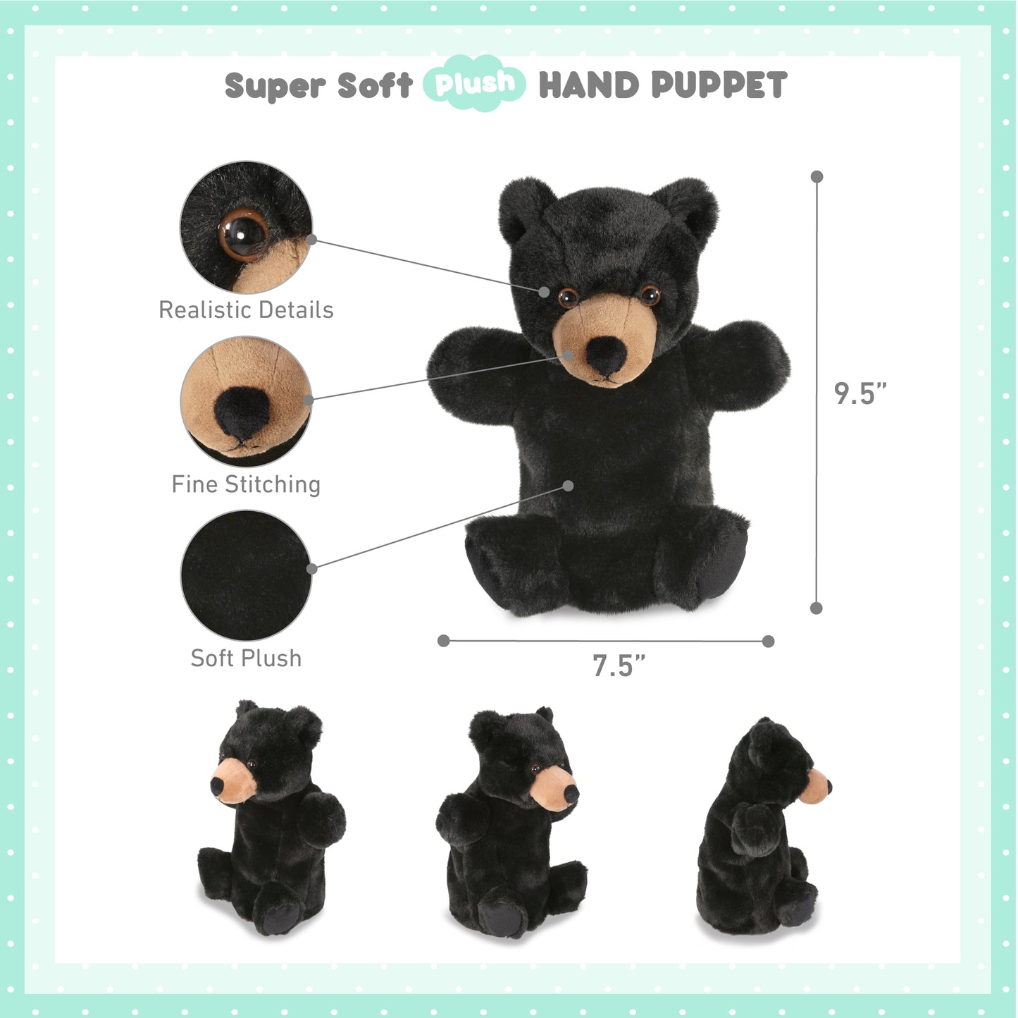 SUPER SOFT PLUSH HAND PUPPET - BLACK BEAR