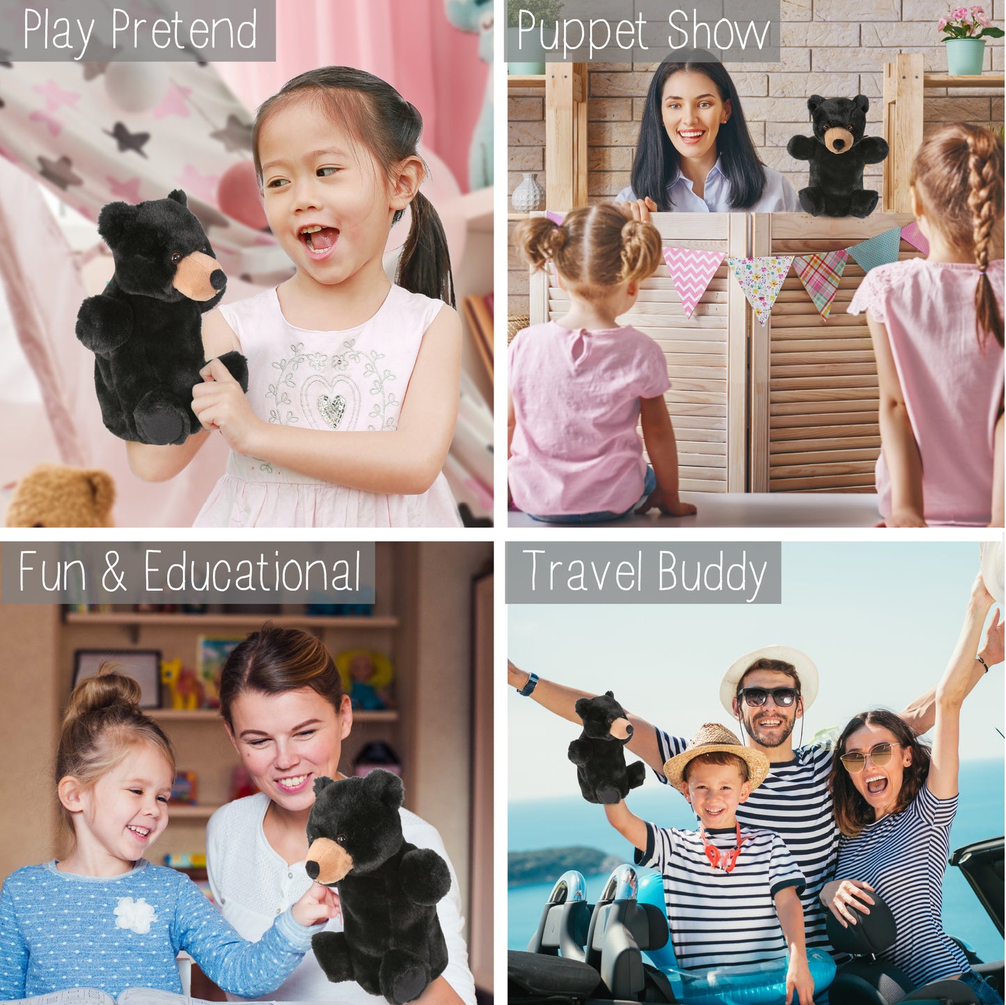 SUPER SOFT PLUSH HAND PUPPET - BLACK BEAR