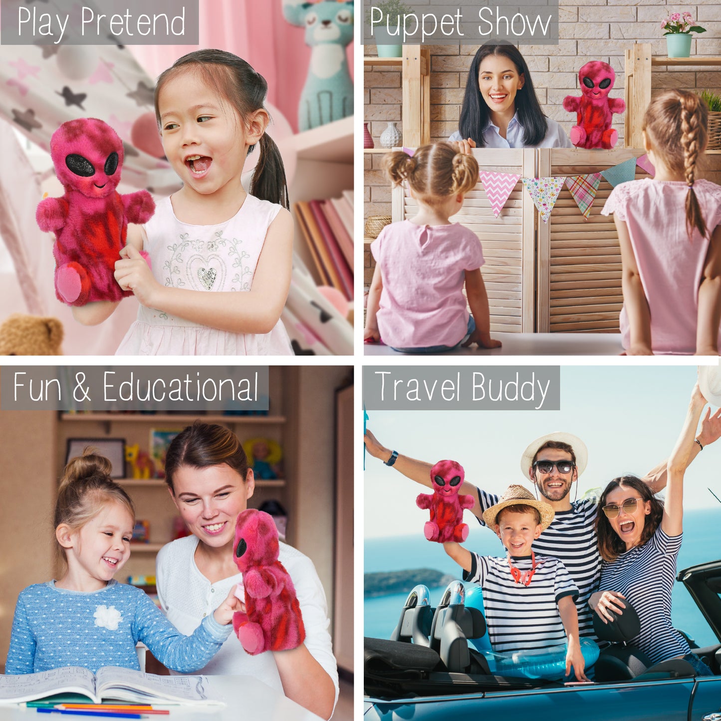 SUPER SOFT PLUSH HAND PUPPET - PINK TIE-DYE ALIEN
