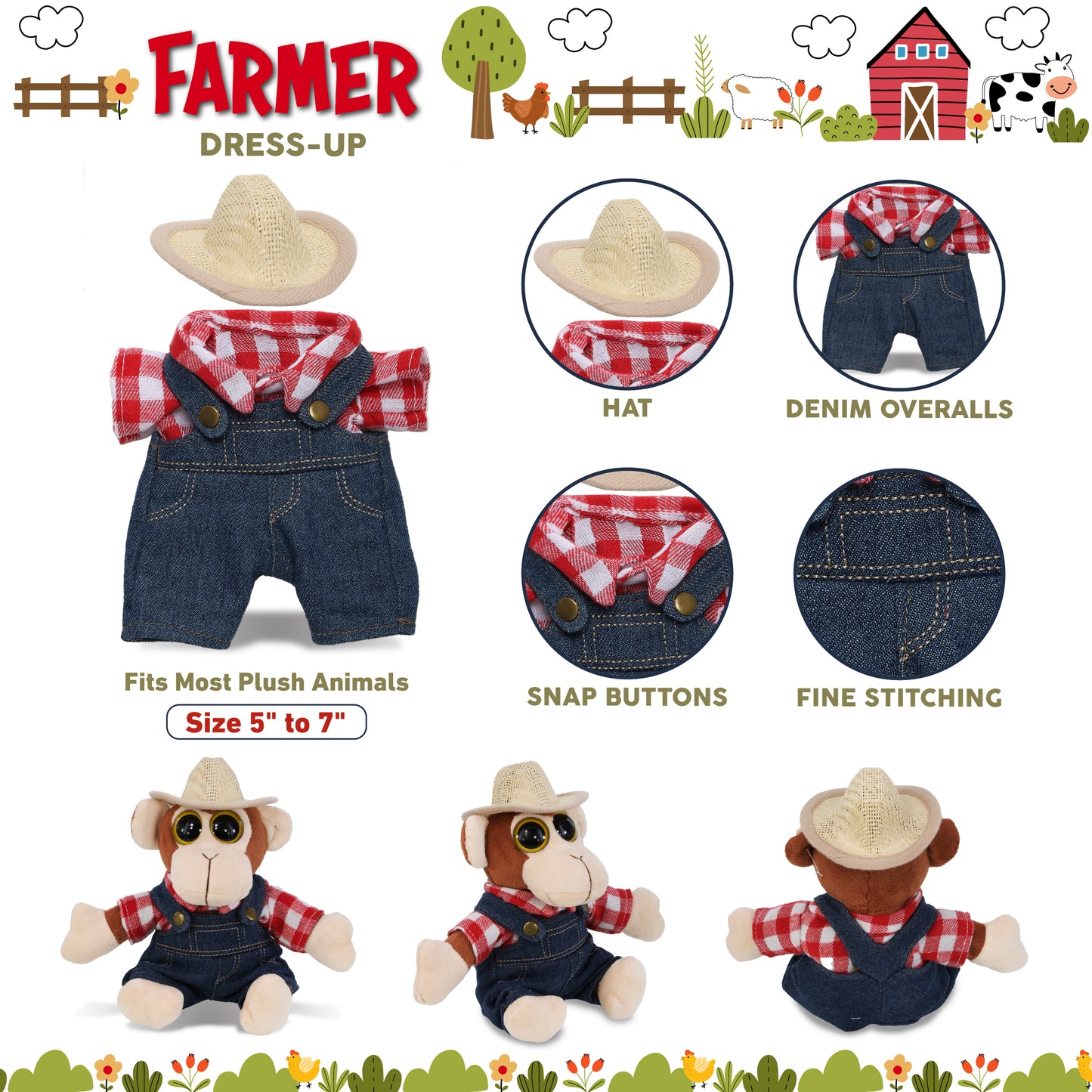 PLUSH DRESS-UP - FARMER OUTFIT - FITS 5 - 7 INCH PLUSH