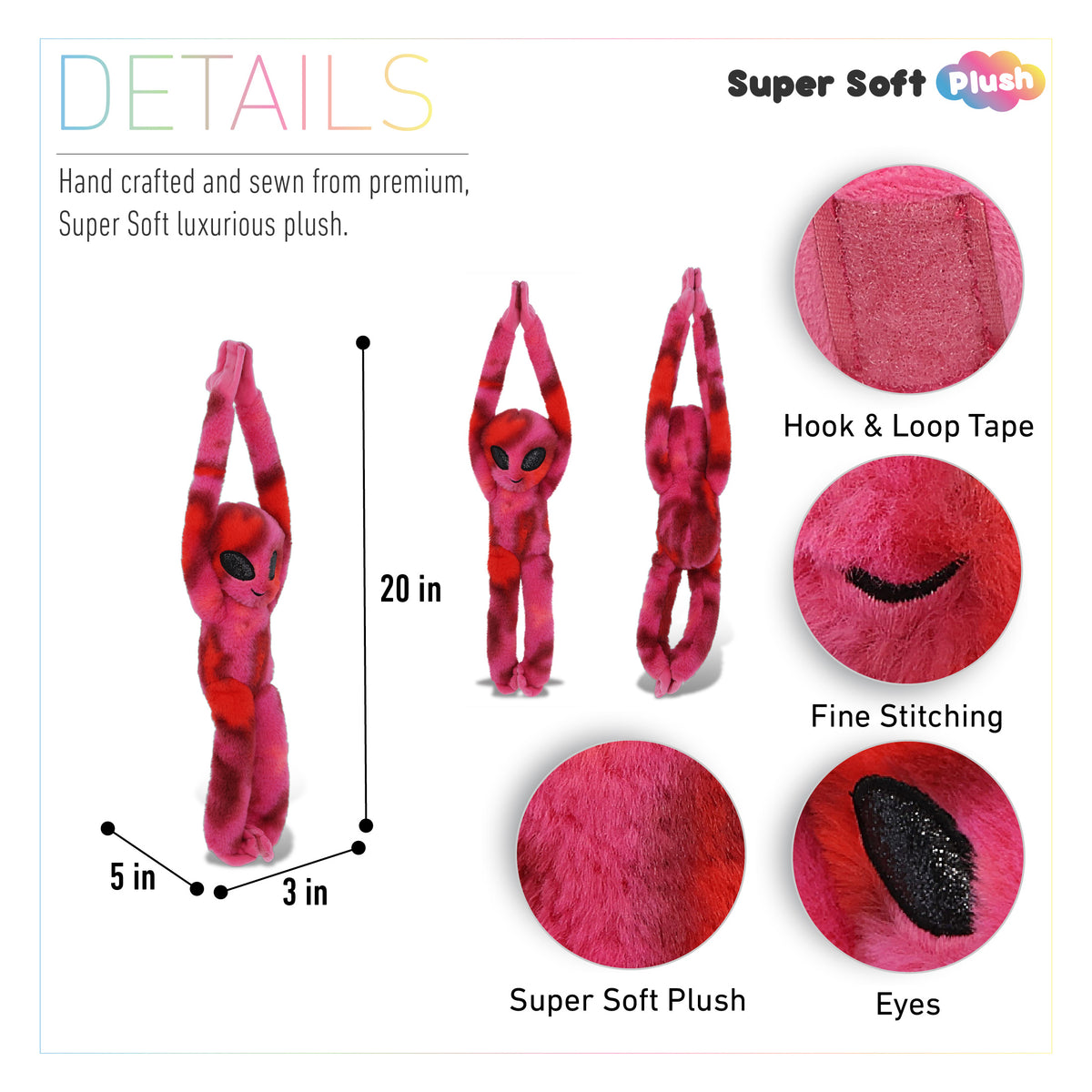 SUPER SOFT PLUSH - PINK TIE-DYE LONG ARM HANGING ALIEN