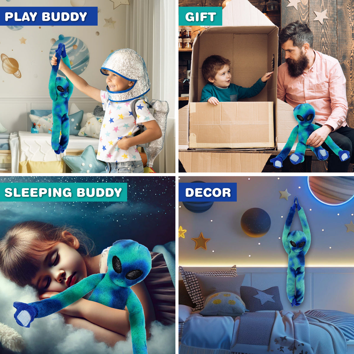 SUPER SOFT PLUSH - BLUE TIE-DYE LONG ARM HANGING ALIEN