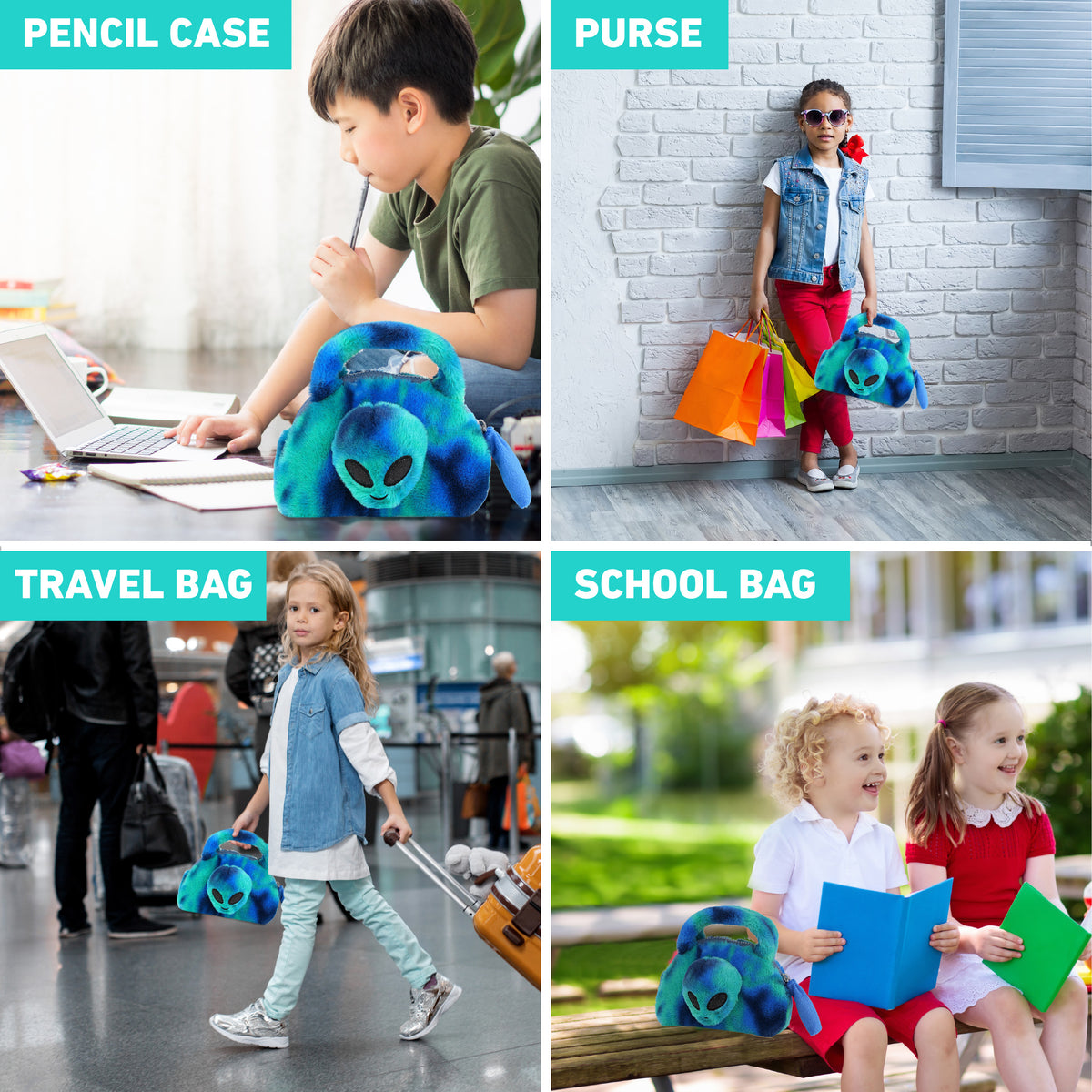 SUPER-SOFT PLUSH HAND BAG - BLUE TIE-DYE ALIEN