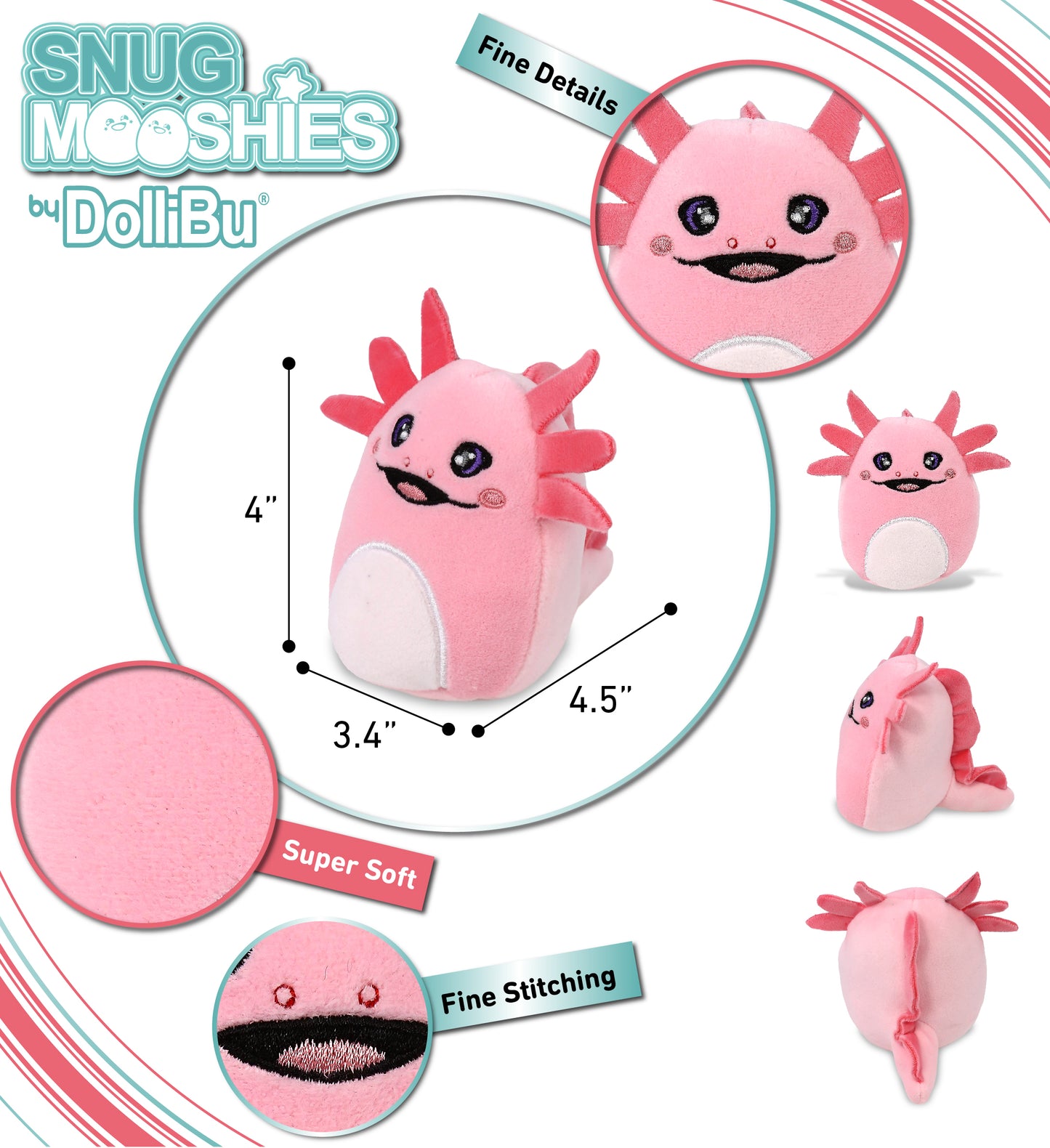 DolliBu Snug Mooshies Axolotl Stuffed Animal - Soft Sensory Plush - 4 Inches
