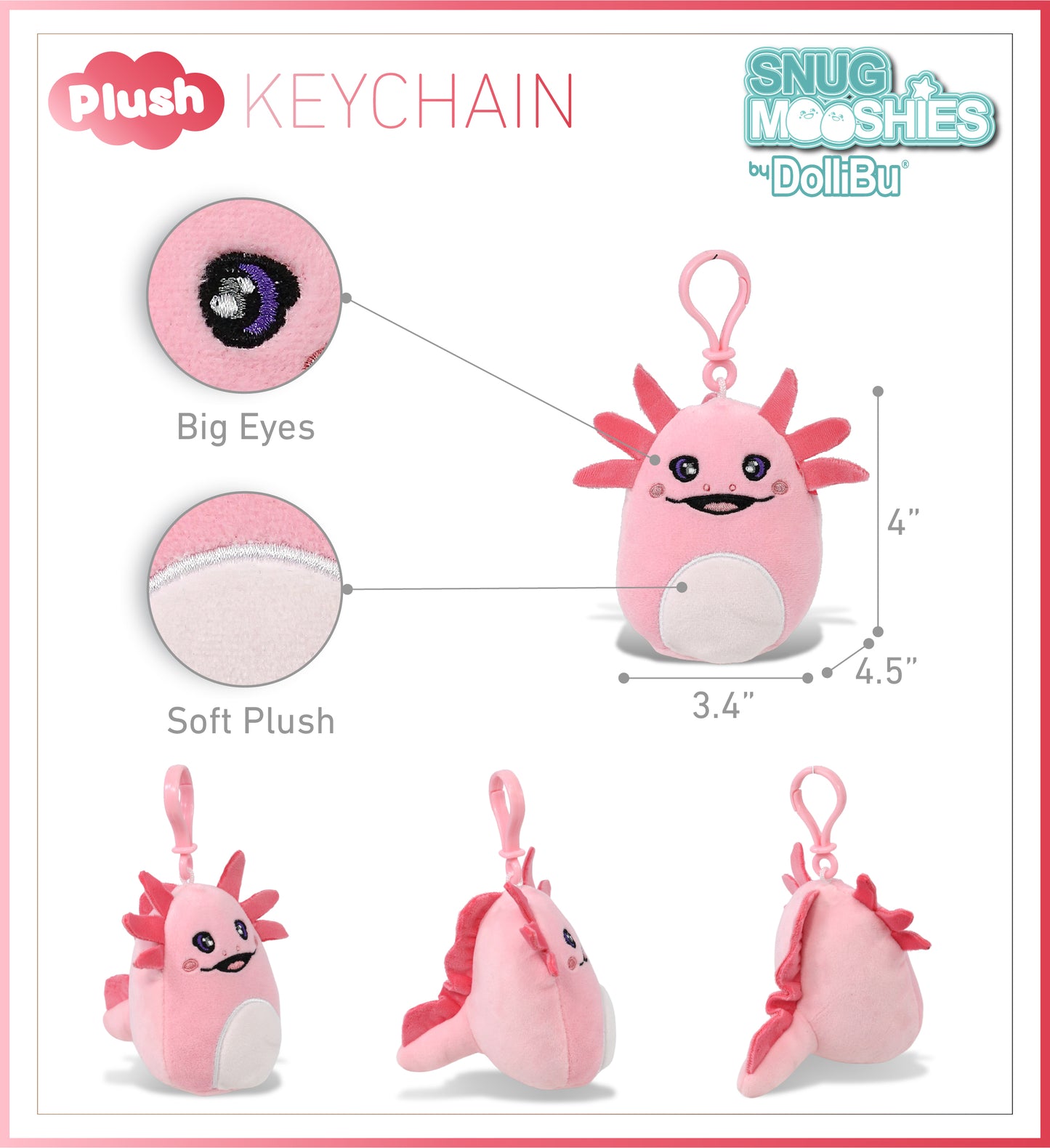 Snug-Mooshies Squishie Plush Pink Keychain for Backpack, Purse, 4 Inch, Axolotl