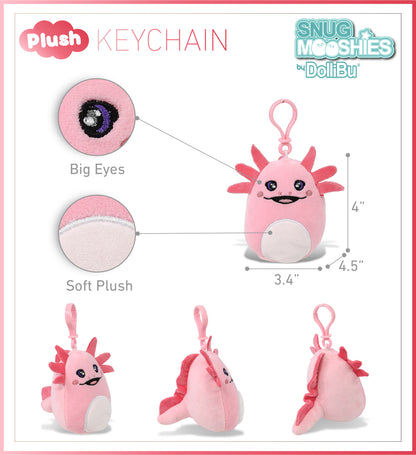 Snug-Mooshies Squishie Plush Pink Keychain for Backpack, Purse, 4 Inch, Axolotl