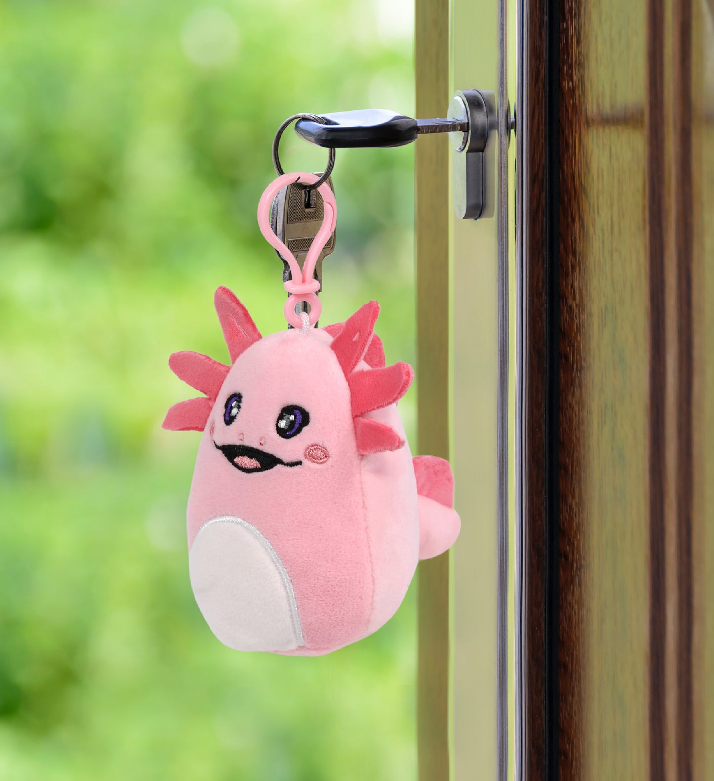 Snug-Mooshies Squishie Plush Pink Keychain for Backpack, Purse, 4 Inch, Axolotl
