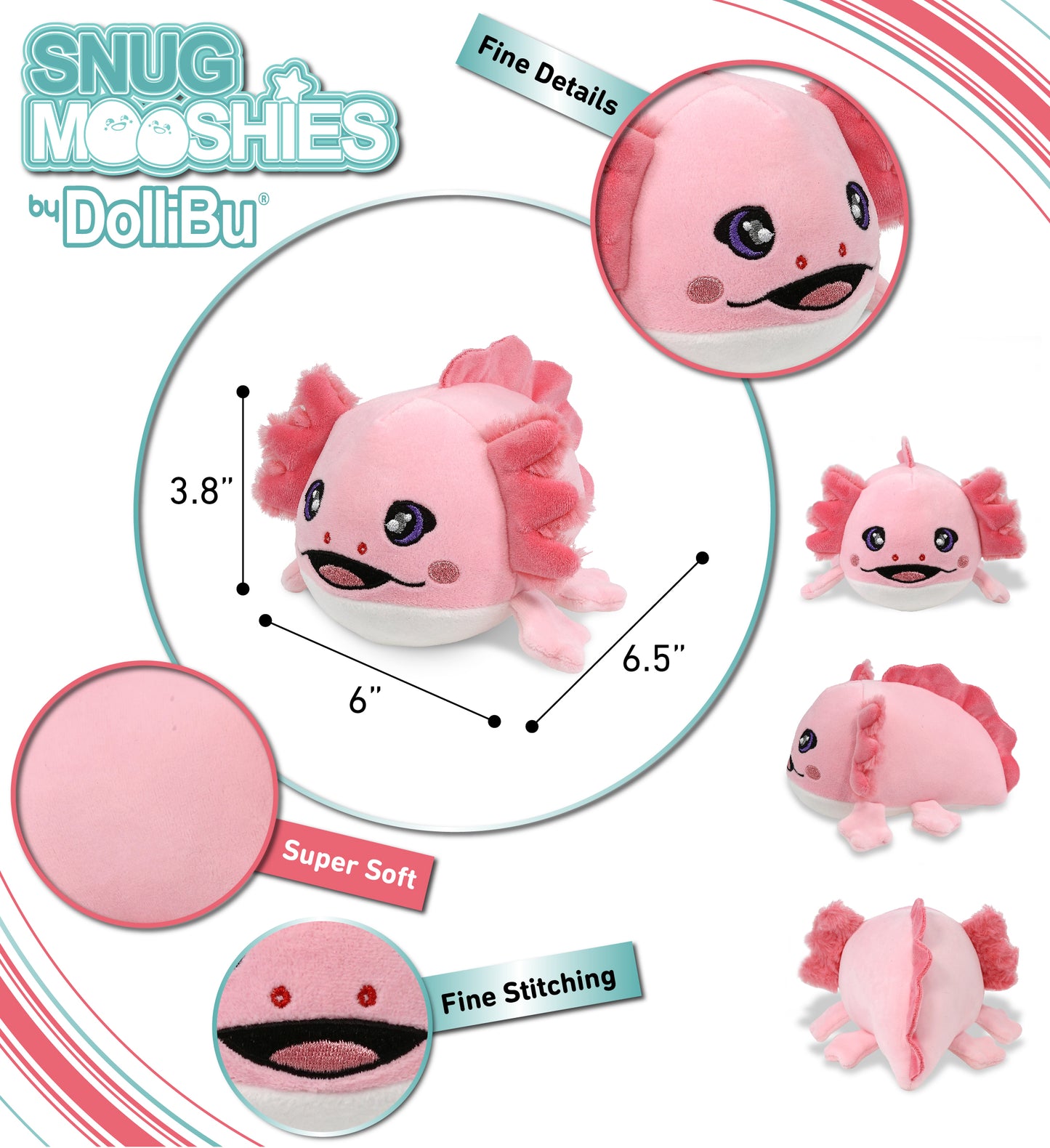 DolliBu Snug Mooshies Axolotl Stuffed Animal - Squishy Sensory Plush - 6 Inches