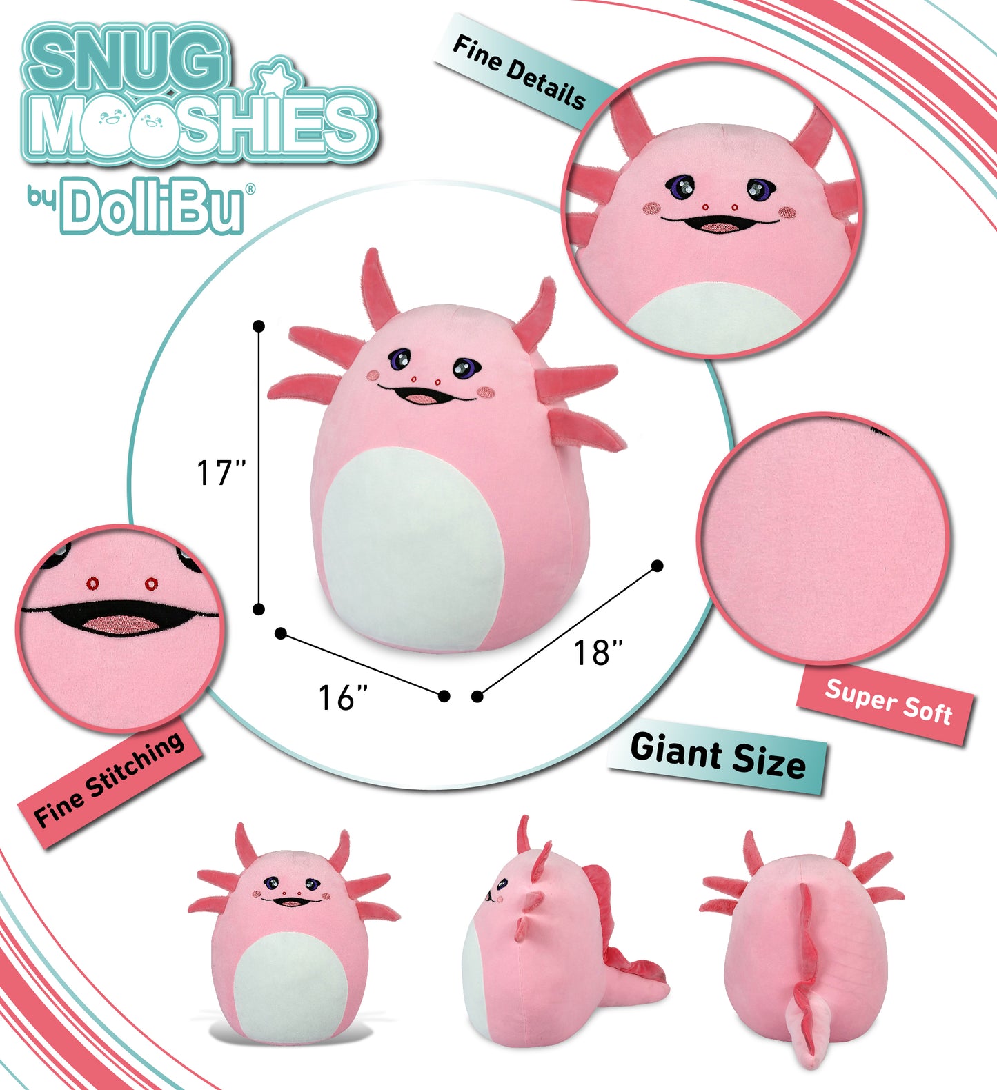 DolliBu Snug Mooshies Axolotl Large Stuffed Animal Plush Toy - 17 inches